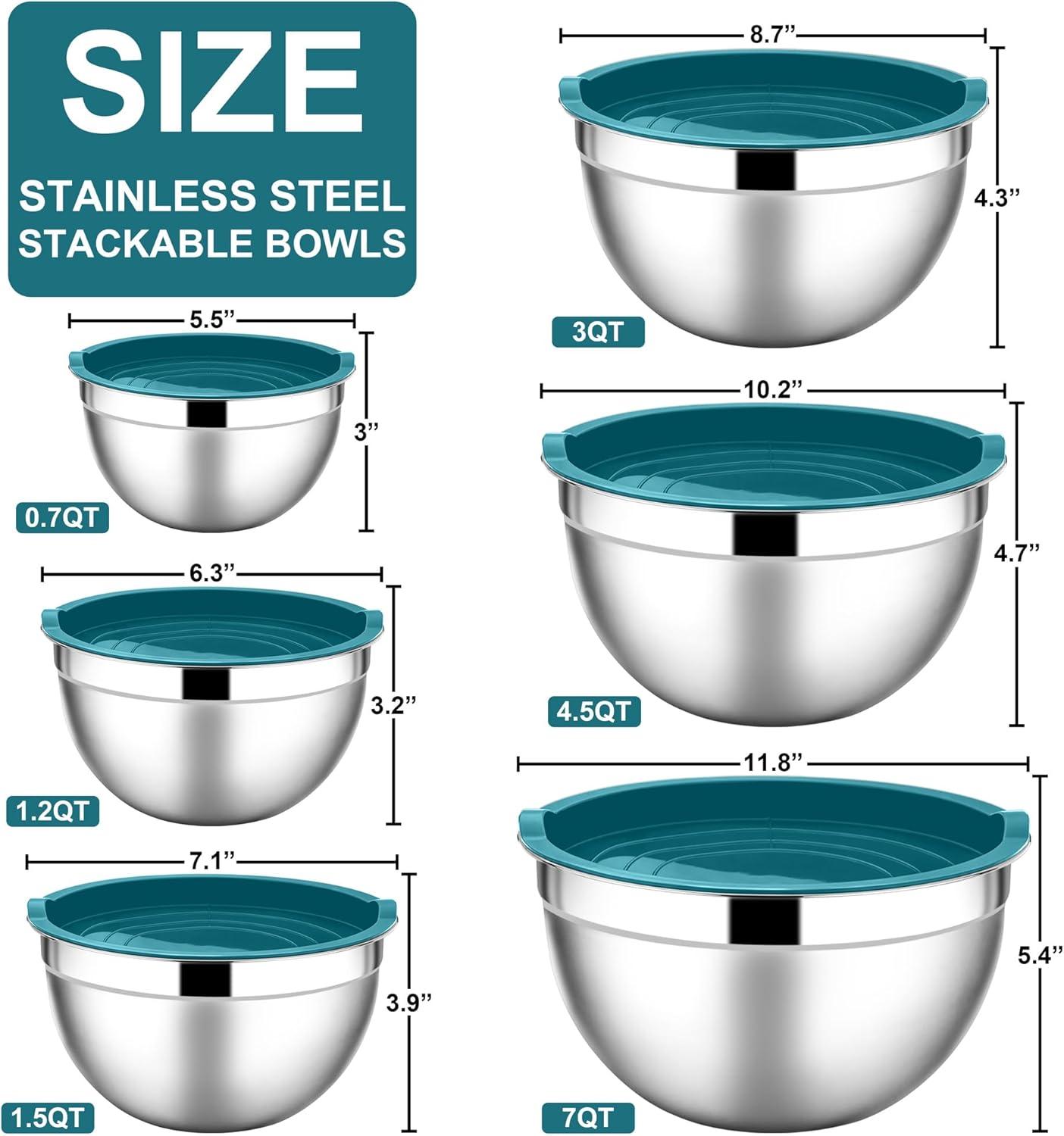 imageEfar Mixing Bowls With Lids Sets of 5 10Piece Stainless Steel Salad Metal Nesting Bowl for Baking Cooking and Prepping Airtight Lid amp Stackable Design Size 46 3 21 15 07 QT KhakiDark Blue