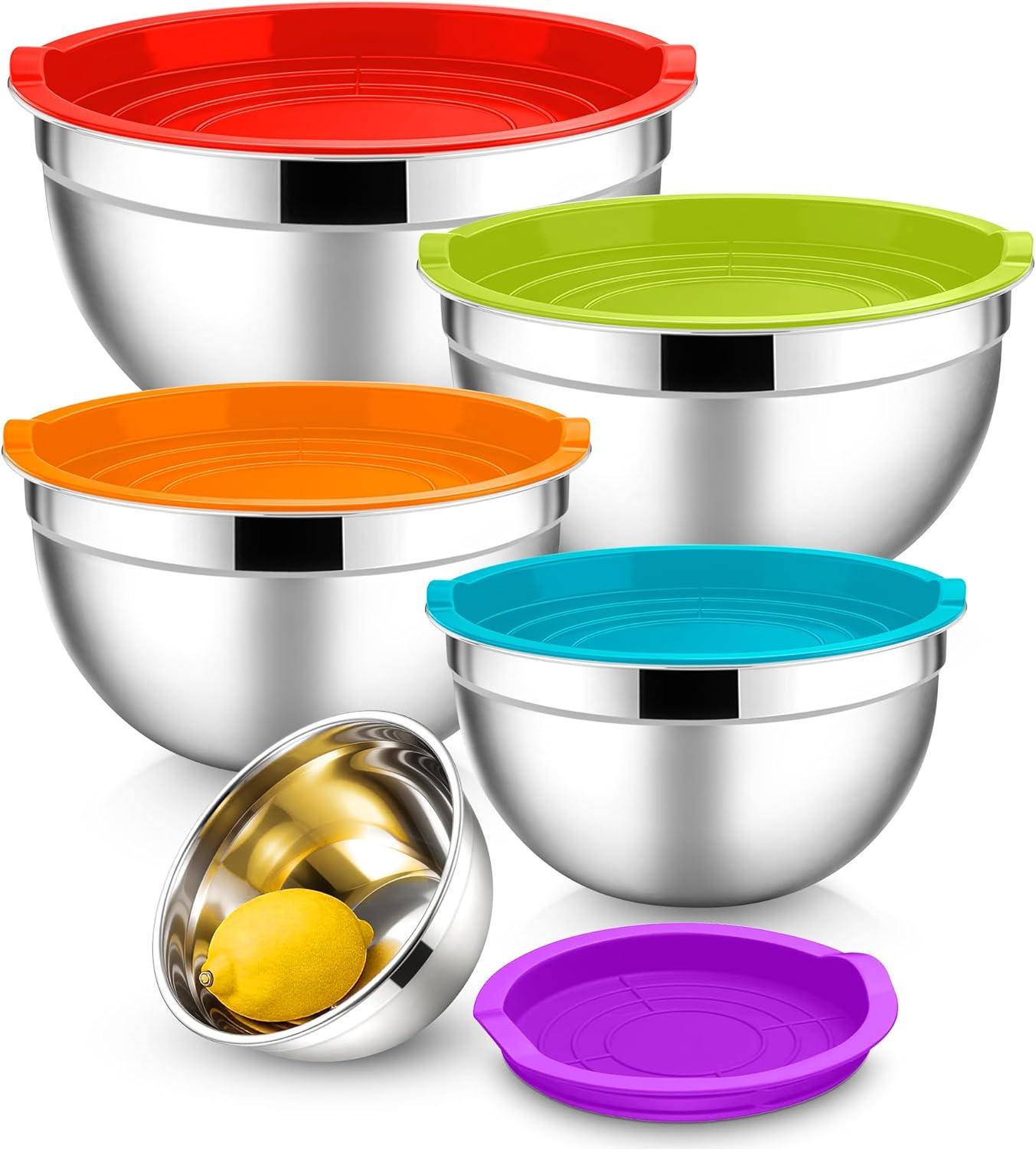 imageEfar Mixing Bowls With Lids Sets of 5 10Piece Stainless Steel Salad Metal Nesting Bowl for Baking Cooking and Prepping Airtight Lid amp Stackable Design Size 46 3 21 15 07 QT BlueMulticolor