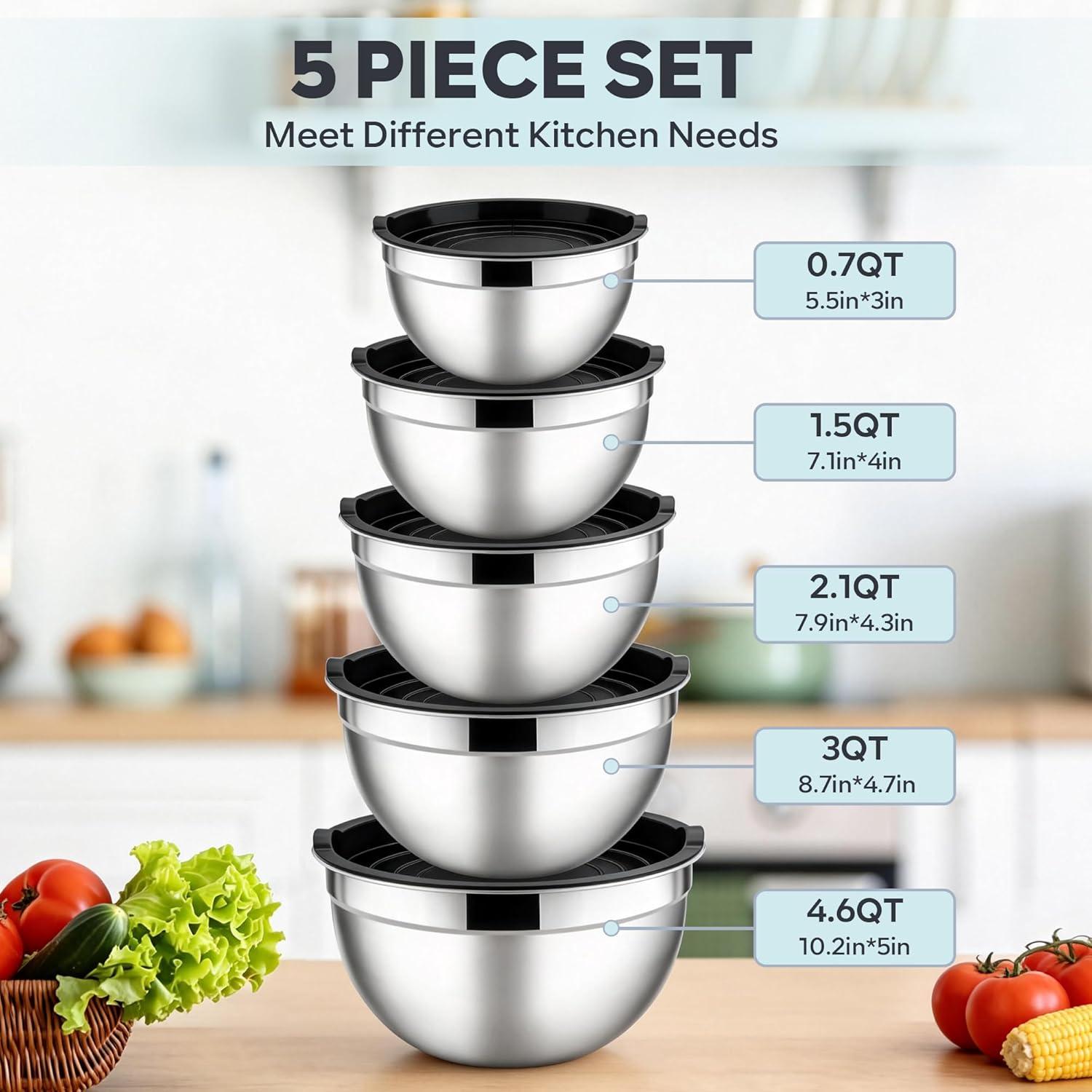 imageEfar Mixing Bowls With Lids Sets of 5 10Piece Stainless Steel Salad Metal Nesting Bowl for Baking Cooking and Prepping Airtight Lid amp Stackable Design Size 46 3 21 15 07 QT KhakiBlack