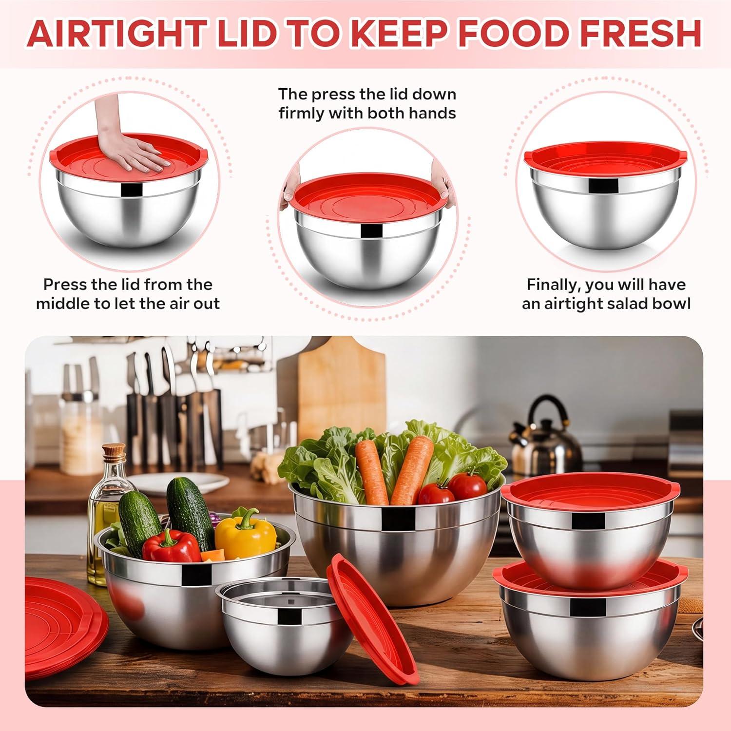 imageEfar Mixing Bowls With Lids Sets of 5 10Piece Stainless Steel Salad Metal Nesting Bowl for Baking Cooking and Prepping Airtight Lid amp Stackable Design Size 46 3 21 15 07 QT KhakiRed