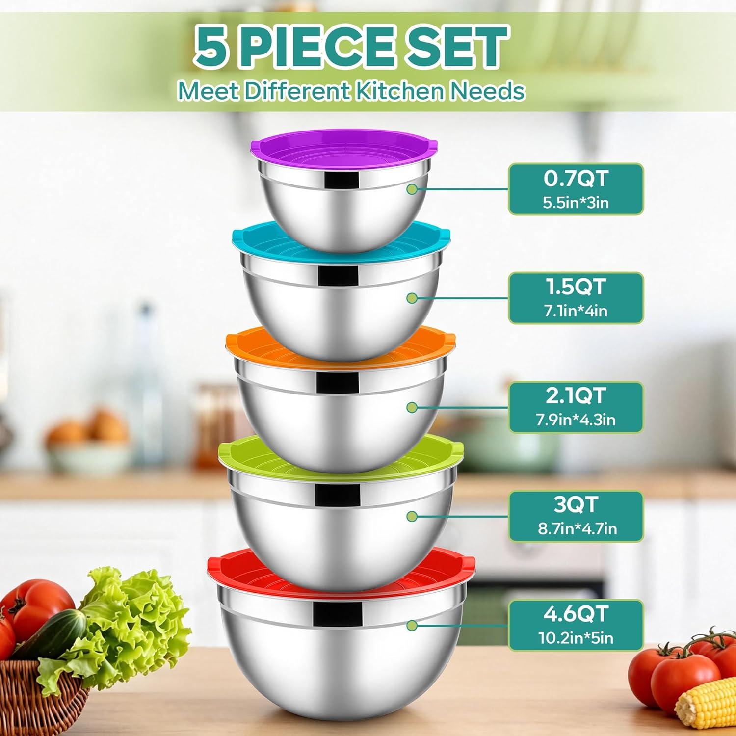 imageEfar Mixing Bowls With Lids Sets of 5 10Piece Stainless Steel Salad Metal Nesting Bowl for Baking Cooking and Prepping Airtight Lid amp Stackable Design Size 46 3 21 15 07 QT BlueMulticolor
