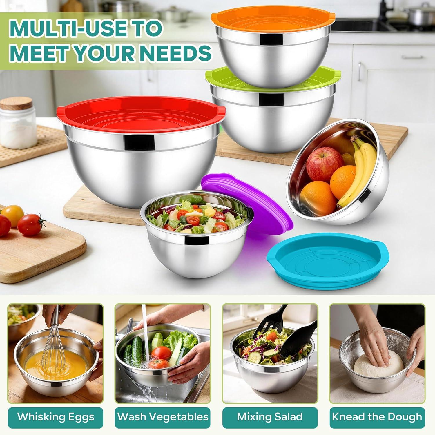 imageEfar Mixing Bowls With Lids Sets of 5 10Piece Stainless Steel Salad Metal Nesting Bowl for Baking Cooking and Prepping Airtight Lid amp Stackable Design Size 46 3 21 15 07 QT BlueMulticolor