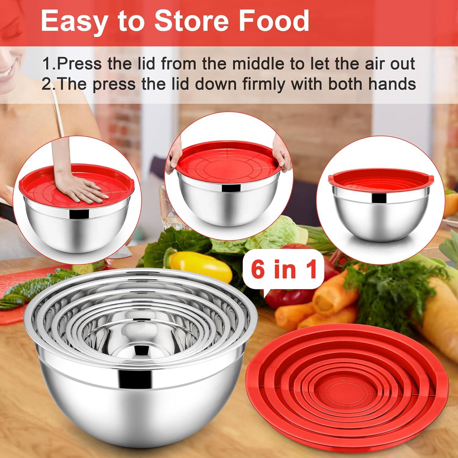 imageEfar Mixing Bowls With Lids Sets of 5 10Piece Stainless Steel Salad Metal Nesting Bowl for Baking Cooking and Prepping Airtight Lid amp Stackable Design Size 46 3 21 15 07 QT KhakiRed