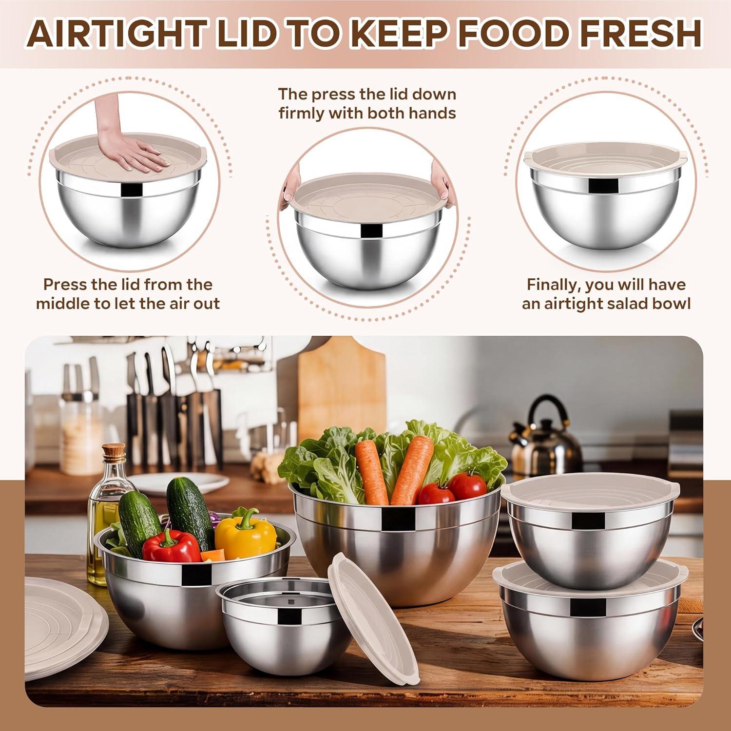 imageEfar Mixing Bowls With Lids Sets of 5 10Piece Stainless Steel Salad Metal Nesting Bowl for Baking Cooking and Prepping Airtight Lid amp Stackable Design Size 46 3 21 15 07 QT KhakiKhaki