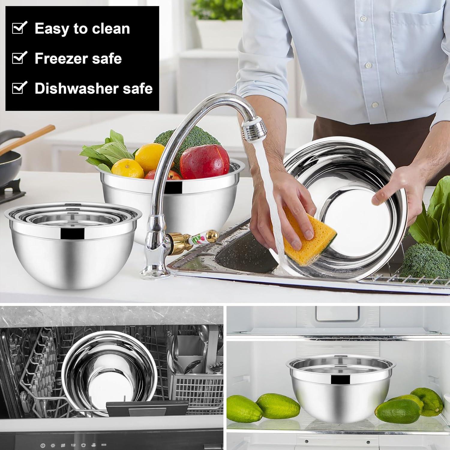 imageEfar Mixing Bowls With Lids Sets of 5 10Piece Stainless Steel Salad Metal Nesting Bowl for Baking Cooking and Prepping Airtight Lid amp Stackable Design Size 46 3 21 15 07 QT KhakiBlack