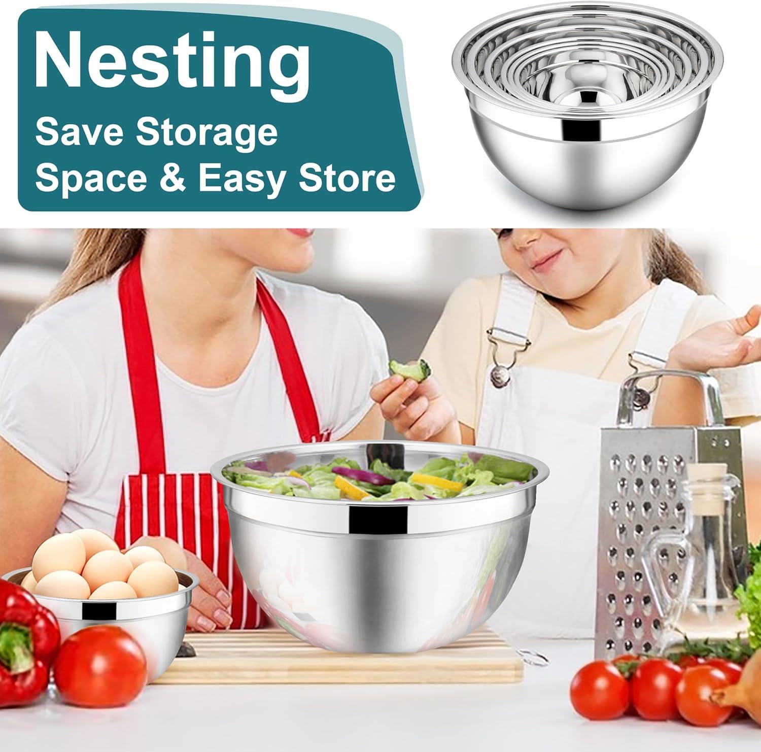 imageEfar Mixing Bowls With Lids Sets of 5 10Piece Stainless Steel Salad Metal Nesting Bowl for Baking Cooking and Prepping Airtight Lid amp Stackable Design Size 46 3 21 15 07 QT KhakiDark Blue