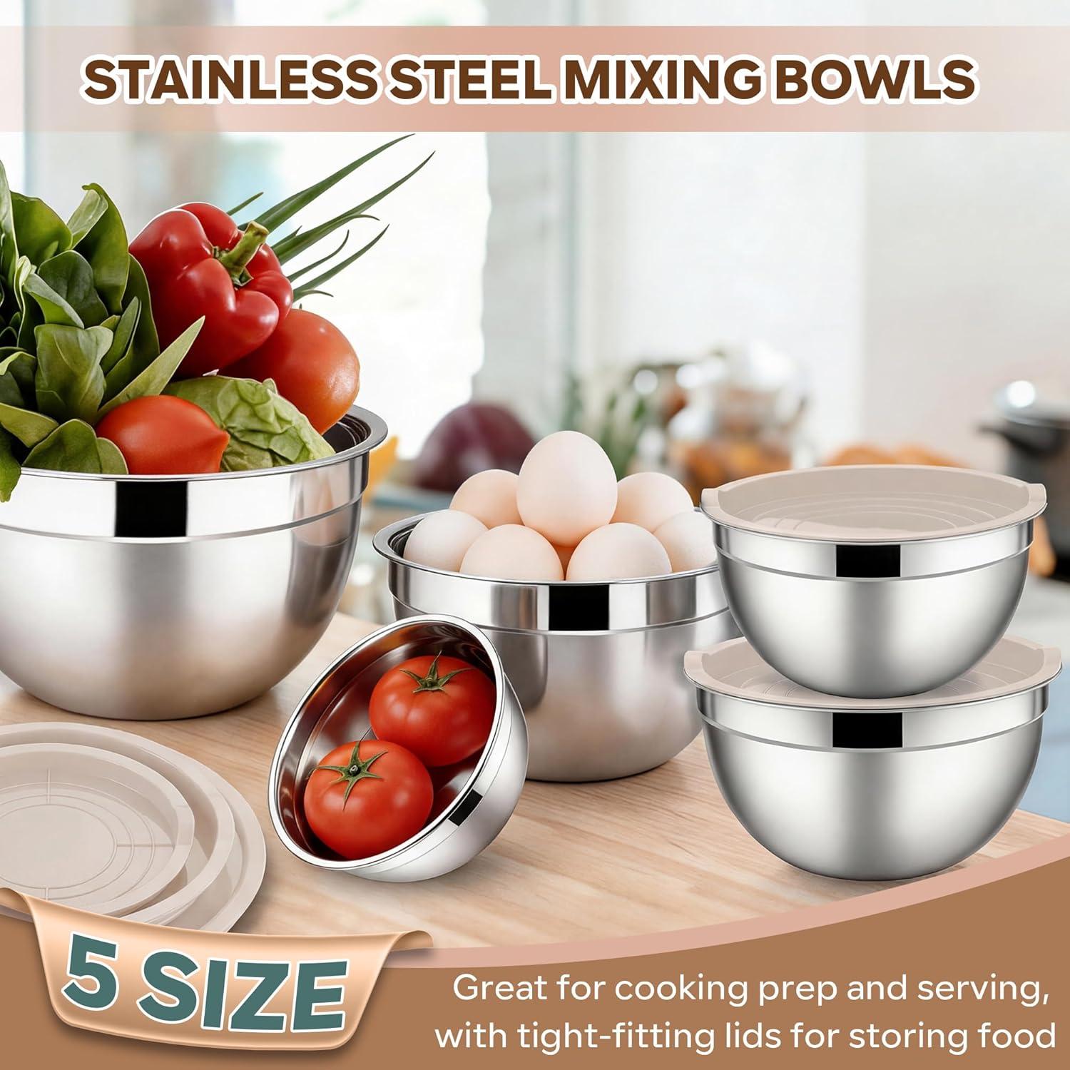 imageEfar Mixing Bowls With Lids Sets of 5 10Piece Stainless Steel Salad Metal Nesting Bowl for Baking Cooking and Prepping Airtight Lid amp Stackable Design Size 46 3 21 15 07 QT KhakiKhaki
