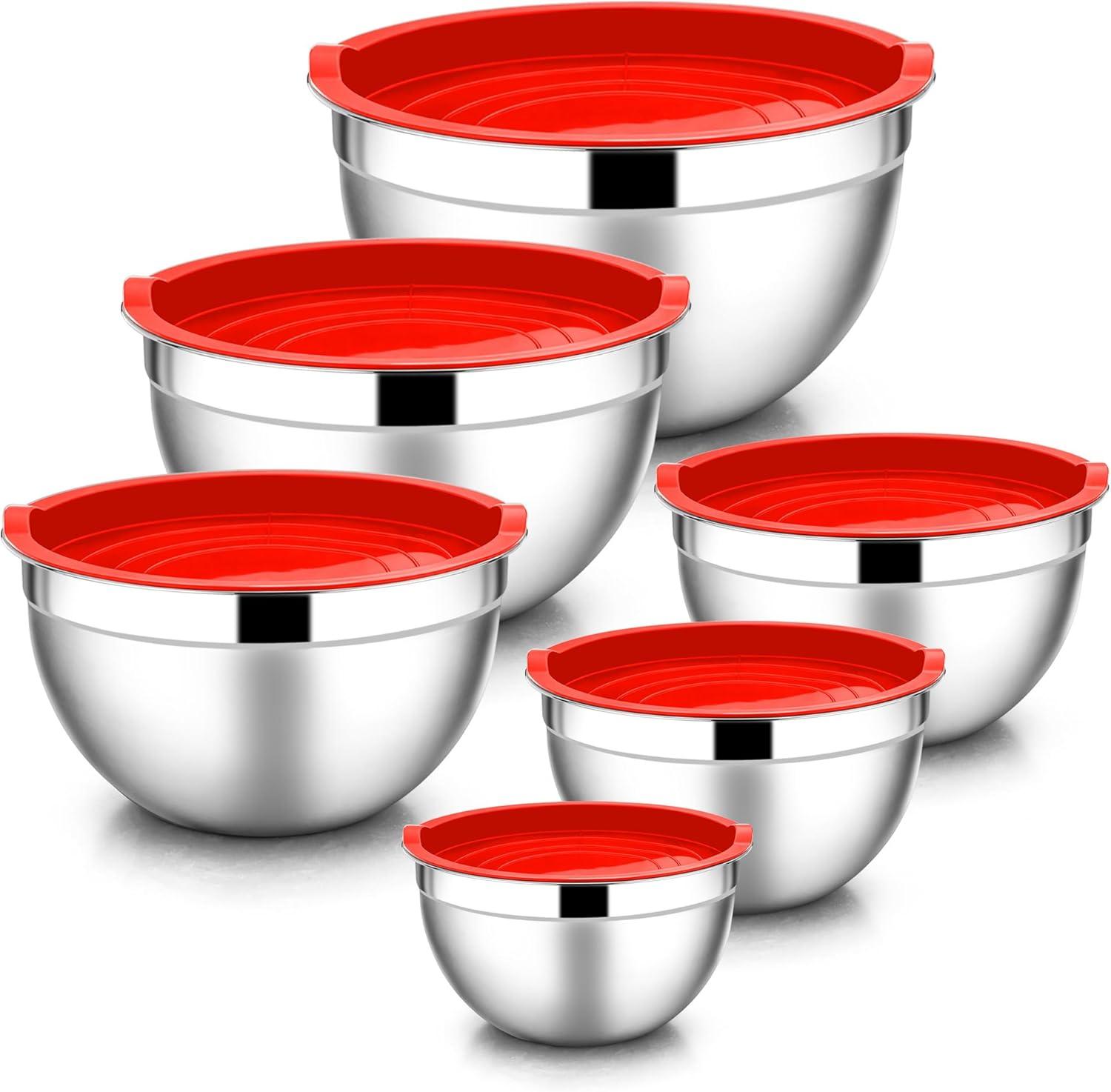 imageEfar Mixing Bowls With Lids Sets of 5 10Piece Stainless Steel Salad Metal Nesting Bowl for Baking Cooking and Prepping Airtight Lid amp Stackable Design Size 46 3 21 15 07 QT KhakiRed