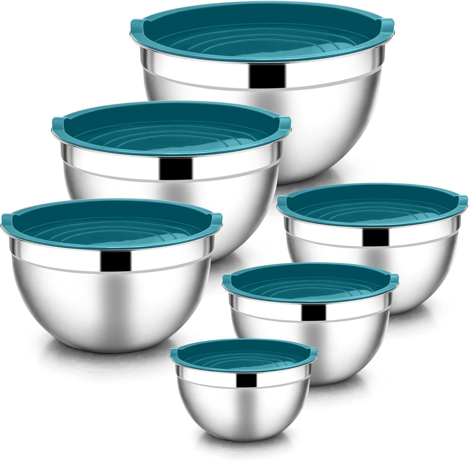 imageEfar Mixing Bowls With Lids Sets of 5 10Piece Stainless Steel Salad Metal Nesting Bowl for Baking Cooking and Prepping Airtight Lid amp Stackable Design Size 46 3 21 15 07 QT KhakiDark Blue