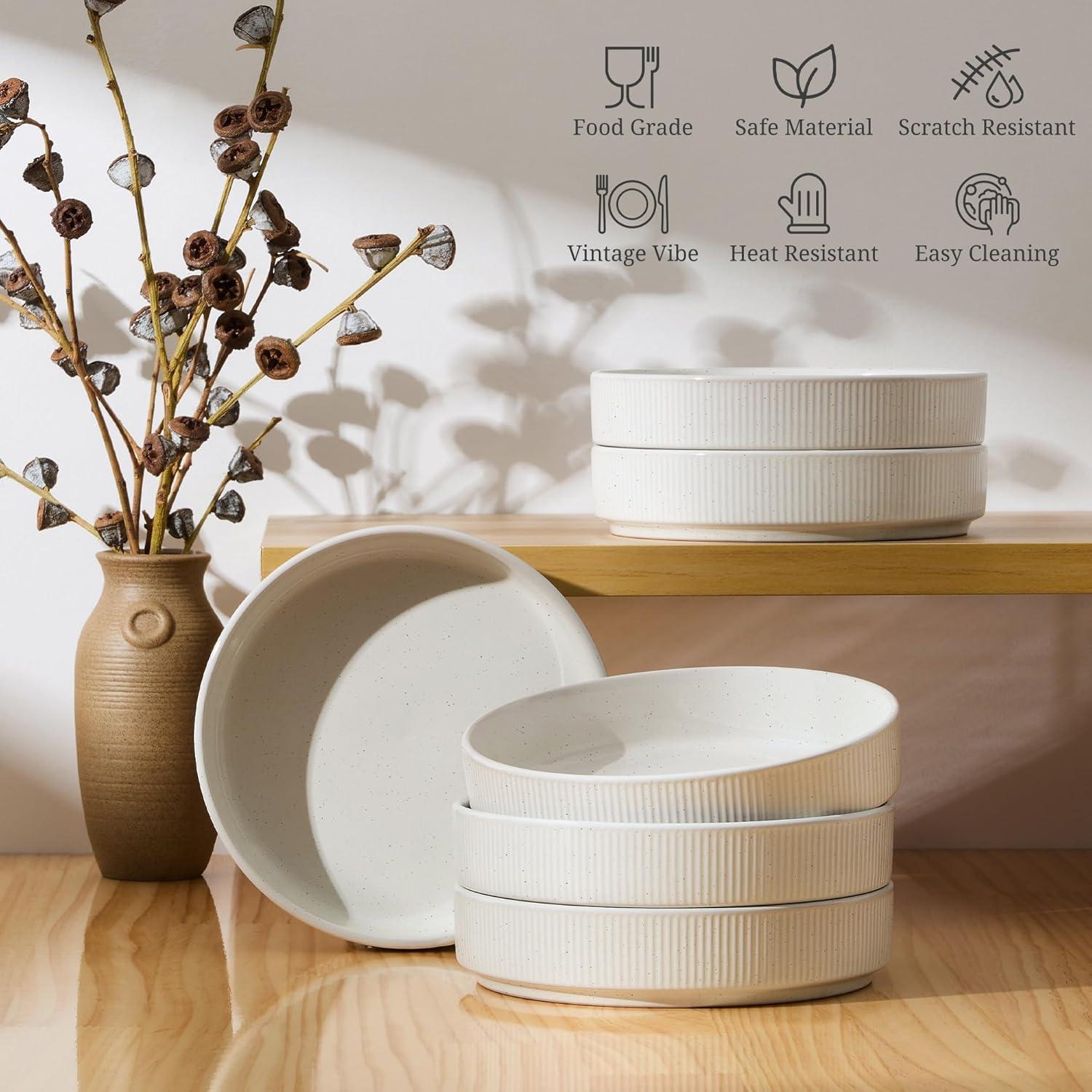 imageEfar Pasta Bowls Set of 4 35oz Large Salad Bowl Plate for Dinner Serving Soup Wide amp Shallow Ceramic Stoneware Pasta Plates Microwave amp Dishwasher Safe Reactive Glaze TextureStripe Matte BlackSpeckled White