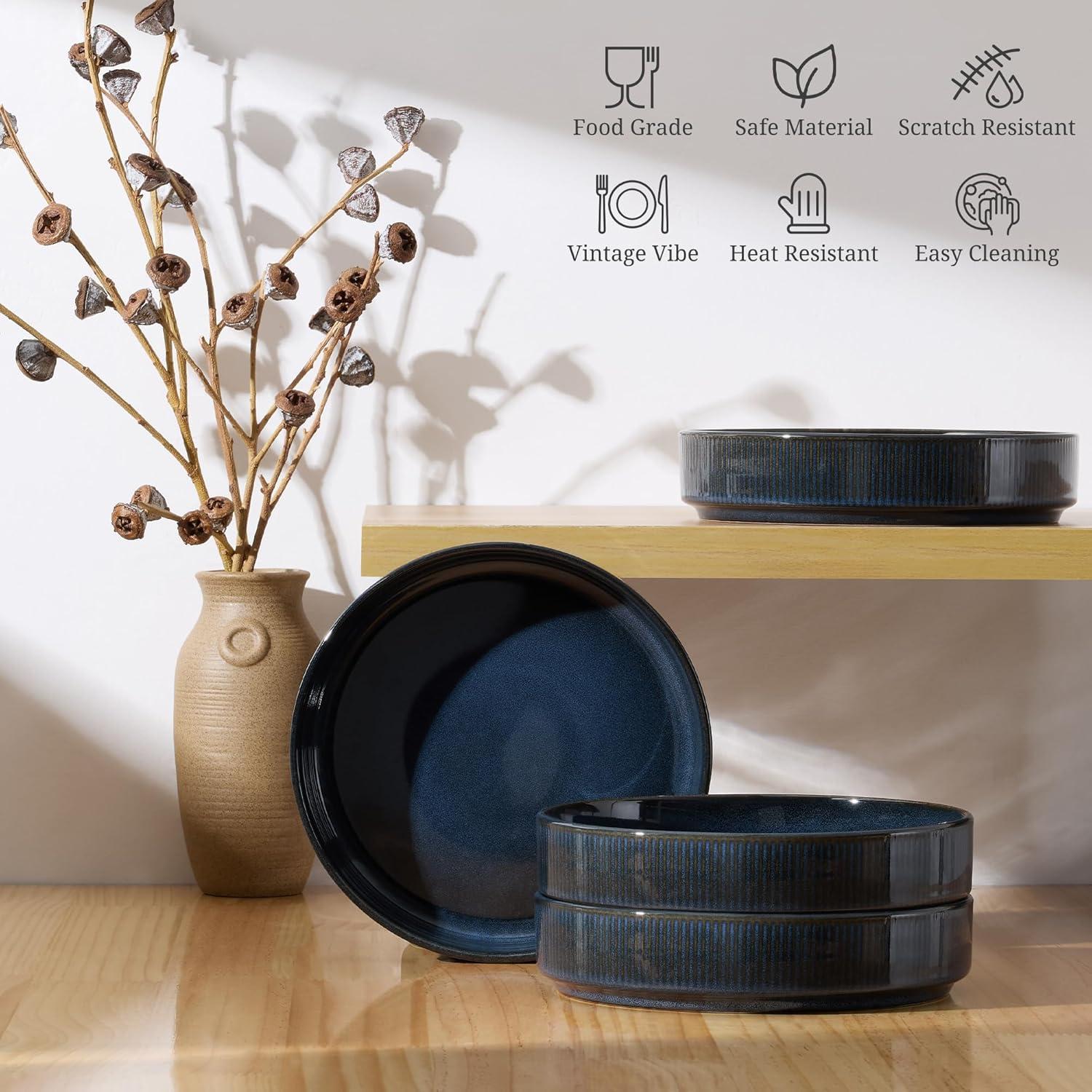 imageEfar Pasta Bowls Set of 4 35oz Large Salad Bowl Plate for Dinner Serving Soup Wide amp Shallow Ceramic Stoneware Pasta Plates Microwave amp Dishwasher Safe Reactive Glaze TextureStripe Matte BlackStarry Blue