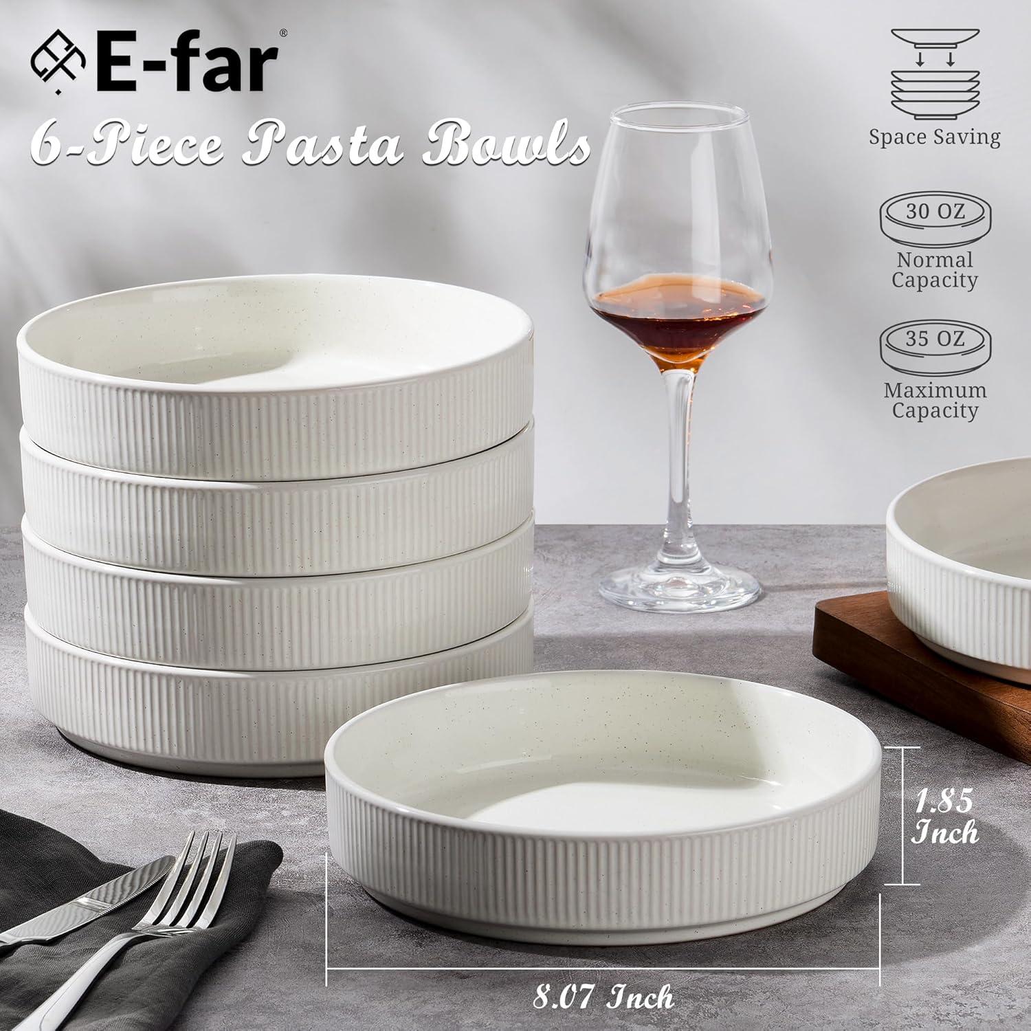 imageEfar Pasta Bowls Set of 4 35oz Large Salad Bowl Plate for Dinner Serving Soup Wide amp Shallow Ceramic Stoneware Pasta Plates Microwave amp Dishwasher Safe Reactive Glaze TextureStripe Matte BlackSpeckled White