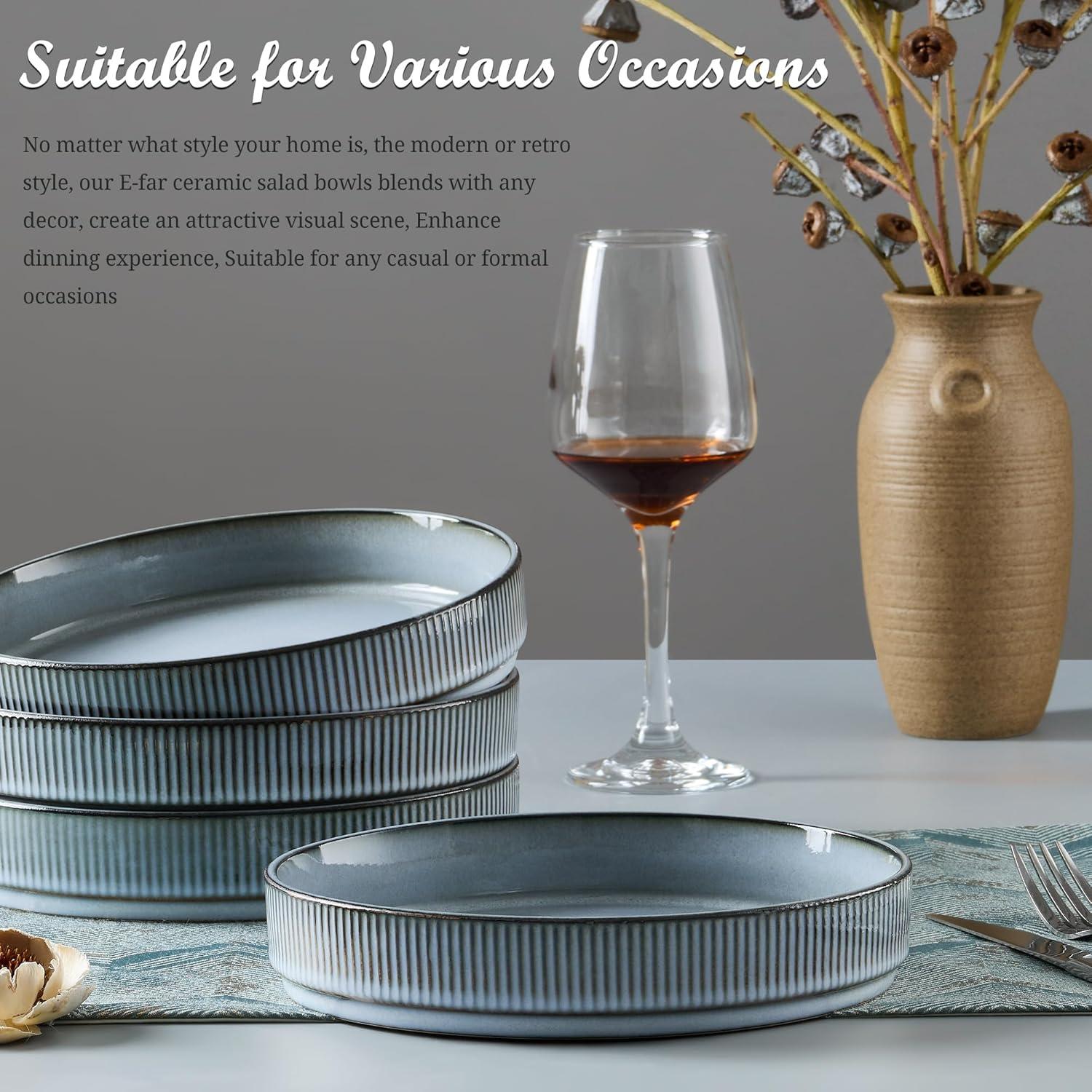imageEfar Pasta Bowls Set of 4 35oz Large Salad Bowl Plate for Dinner Serving Soup Wide amp Shallow Ceramic Stoneware Pasta Plates Microwave amp Dishwasher Safe Reactive Glaze TextureStripe Matte BlackDusty Blue