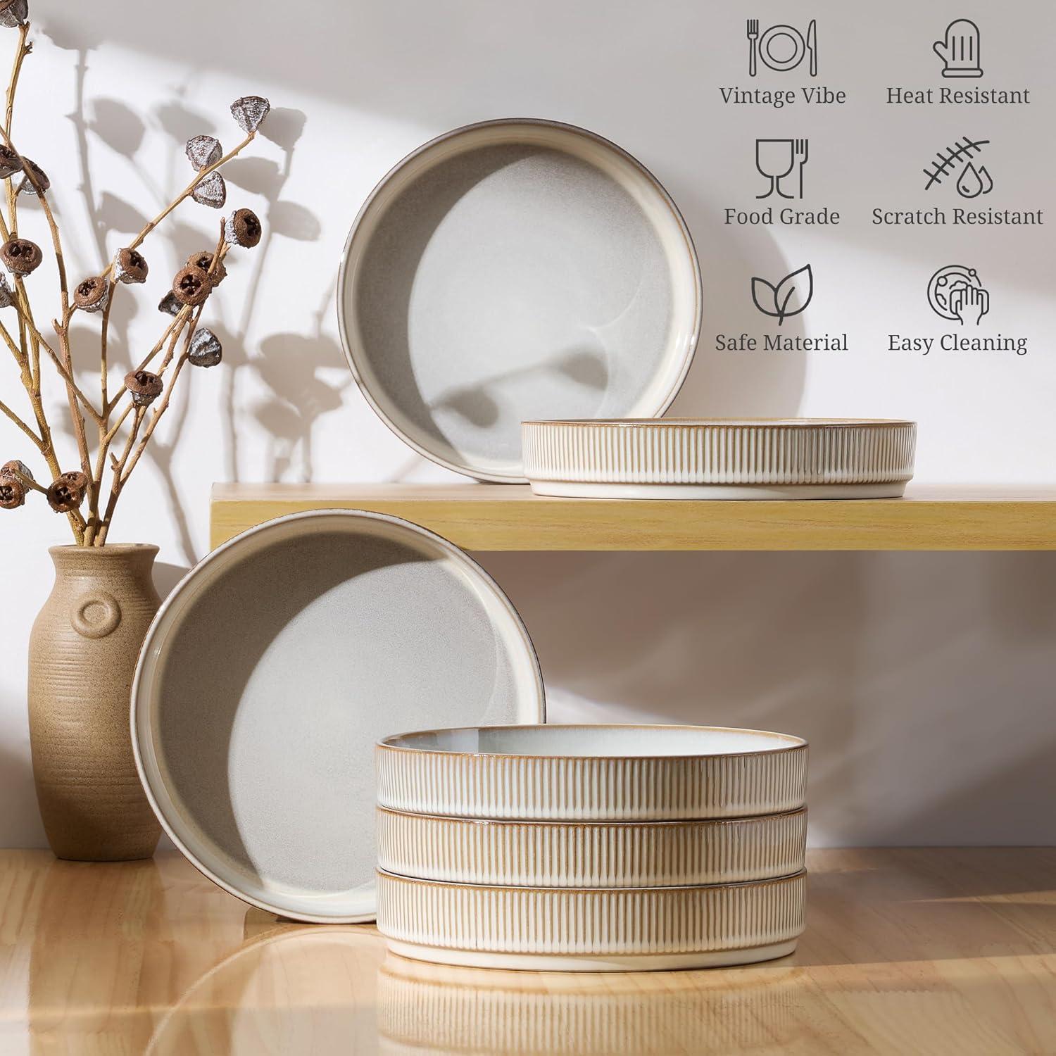 imageEfar Pasta Bowls Set of 4 35oz Large Salad Bowl Plate for Dinner Serving Soup Wide amp Shallow Ceramic Stoneware Pasta Plates Microwave amp Dishwasher Safe Reactive Glaze TextureStripe Matte BlackCreamy Beige