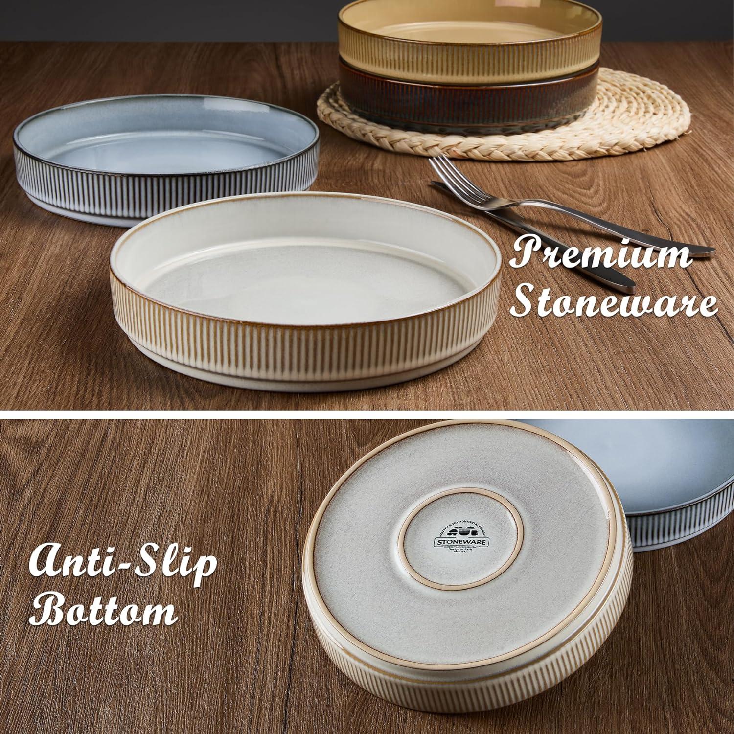 imageEfar Pasta Bowls Set of 4 35oz Large Salad Bowl Plate for Dinner Serving Soup Wide amp Shallow Ceramic Stoneware Pasta Plates Microwave amp Dishwasher Safe Reactive Glaze TextureStripe Matte BlackMulticolor