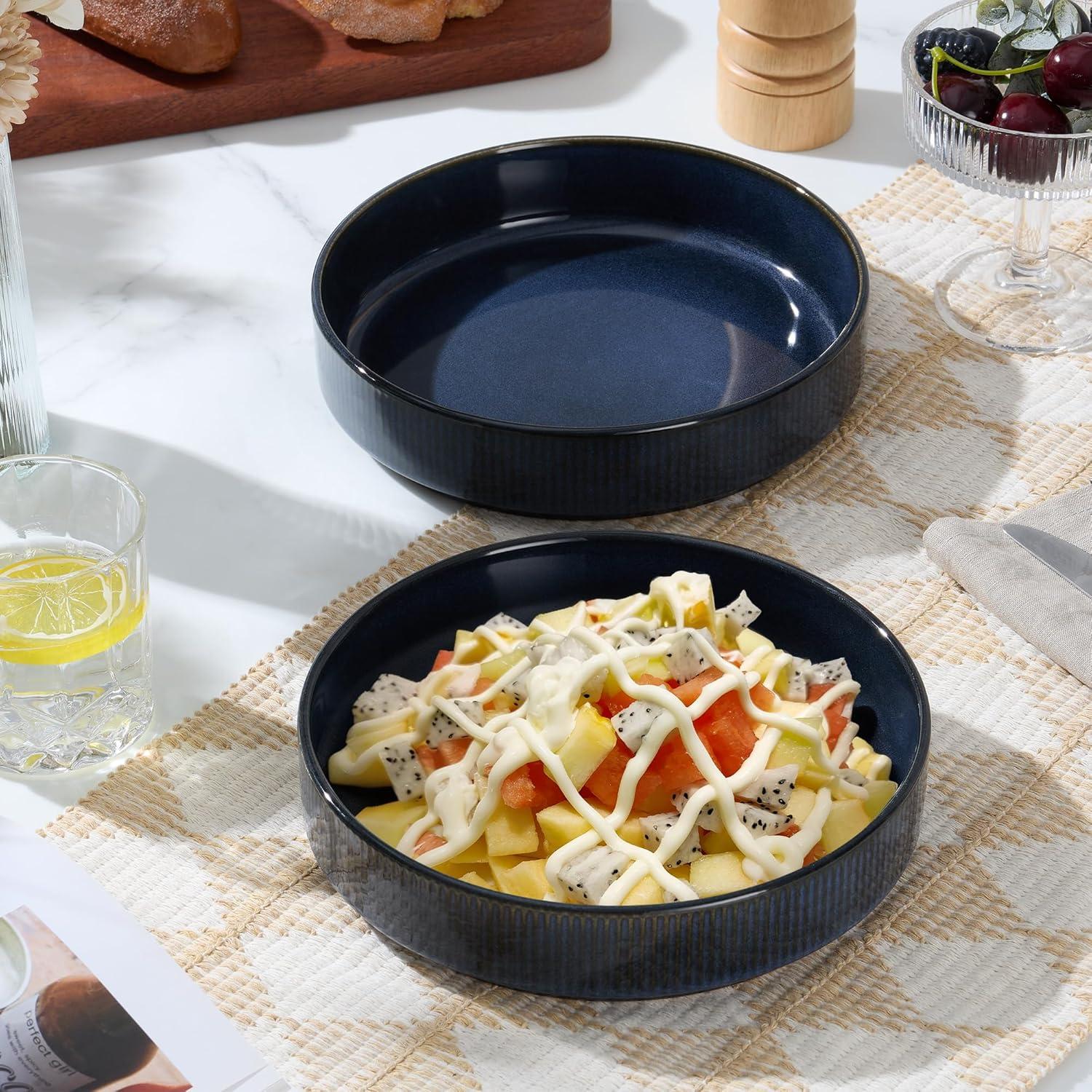imageEfar Pasta Bowls Set of 4 35oz Large Salad Bowl Plate for Dinner Serving Soup Wide amp Shallow Ceramic Stoneware Pasta Plates Microwave amp Dishwasher Safe Reactive Glaze TextureStripe Matte BlackStarry Blue