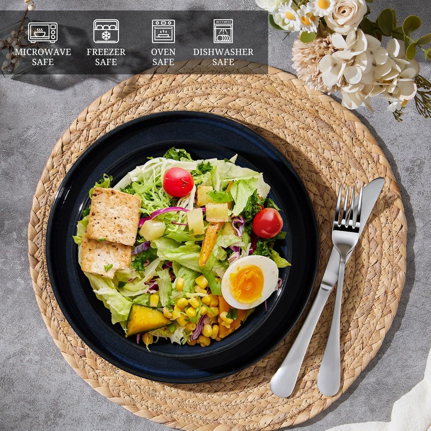 imageEfar Pasta Bowls Set of 4 35oz Large Salad Bowl Plate for Dinner Serving Soup Wide amp Shallow Ceramic Stoneware Pasta Plates Microwave amp Dishwasher Safe Reactive Glaze TextureStripe Matte BlackStarry Blue