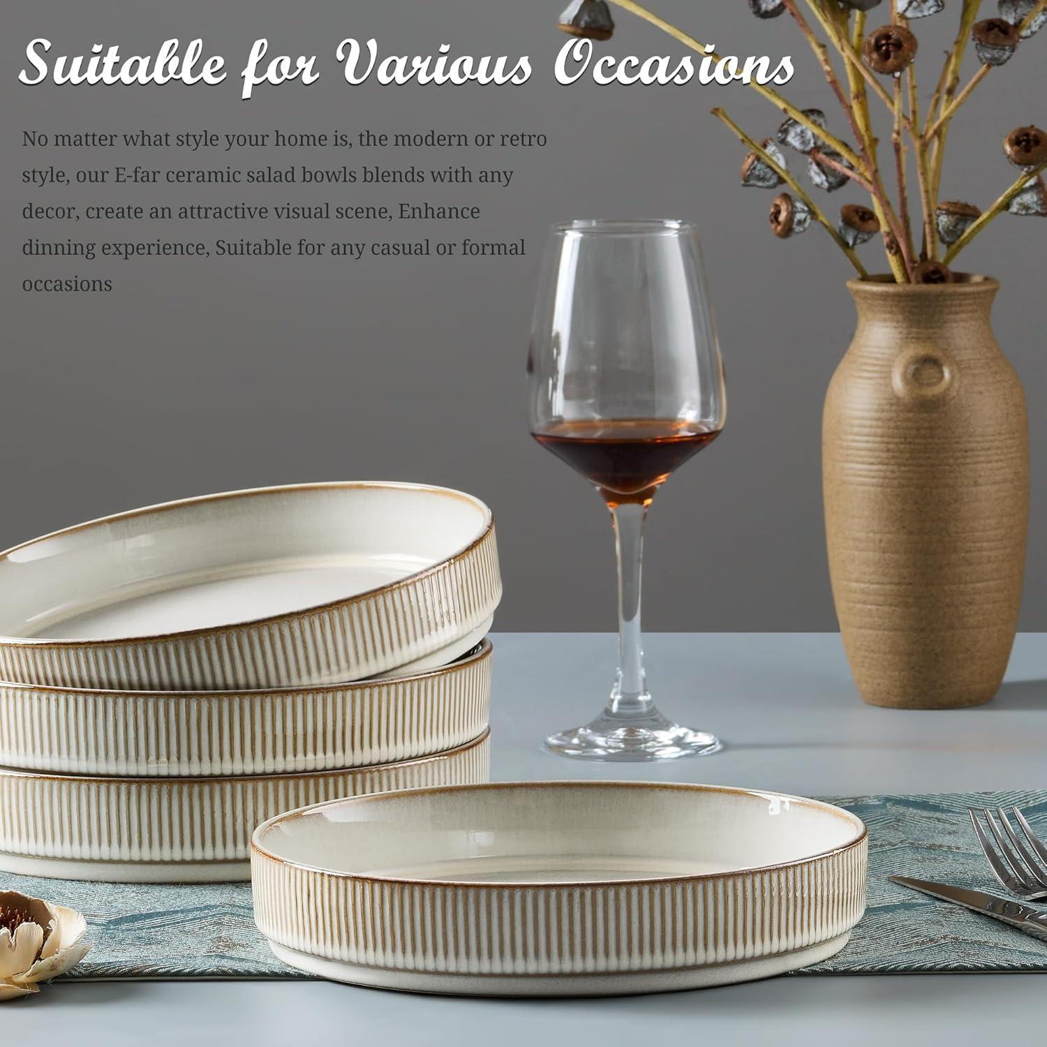 imageEfar Pasta Bowls Set of 4 35oz Large Salad Bowl Plate for Dinner Serving Soup Wide amp Shallow Ceramic Stoneware Pasta Plates Microwave amp Dishwasher Safe Reactive Glaze TextureStripe Matte BlackCreamy Beige