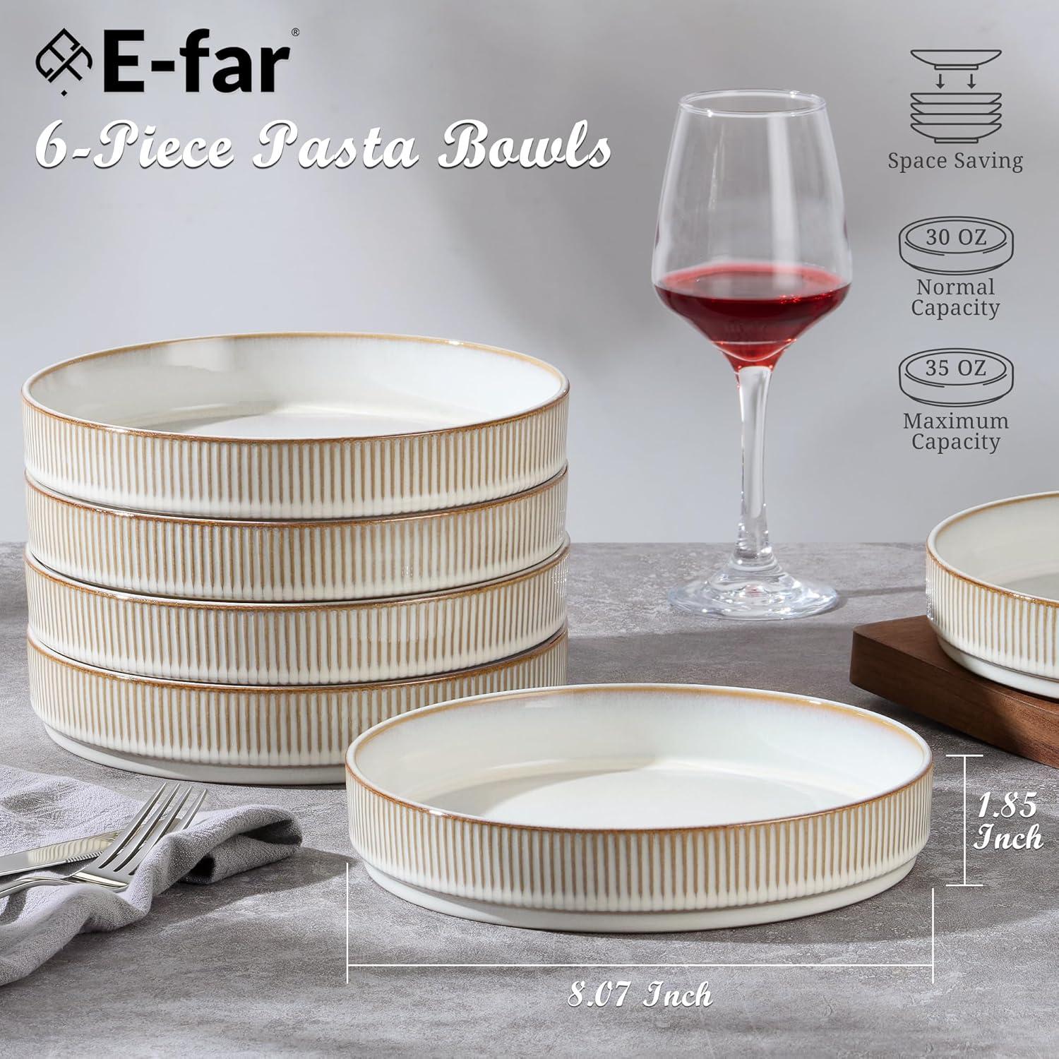 imageEfar Pasta Bowls Set of 4 35oz Large Salad Bowl Plate for Dinner Serving Soup Wide amp Shallow Ceramic Stoneware Pasta Plates Microwave amp Dishwasher Safe Reactive Glaze TextureStripe Matte BlackCreamy Beige