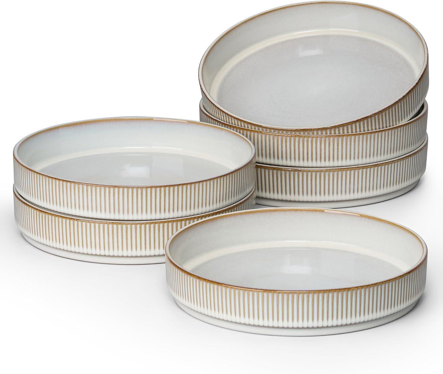 imageEfar Pasta Bowls Set of 4 35oz Large Salad Bowl Plate for Dinner Serving Soup Wide amp Shallow Ceramic Stoneware Pasta Plates Microwave amp Dishwasher Safe Reactive Glaze TextureStripe Matte BlackCreamy Beige