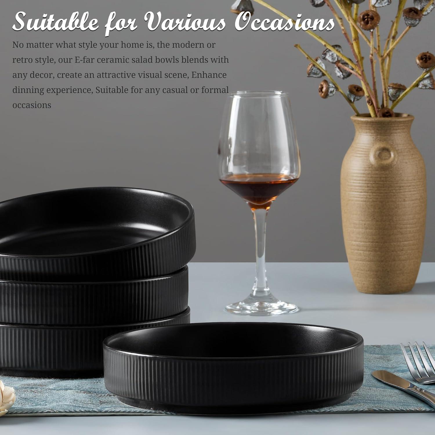 imageEfar Pasta Bowls Set of 4 35oz Large Salad Bowl Plate for Dinner Serving Soup Wide amp Shallow Ceramic Stoneware Pasta Plates Microwave amp Dishwasher Safe Reactive Glaze TextureStripe Matte BlackMatte Black