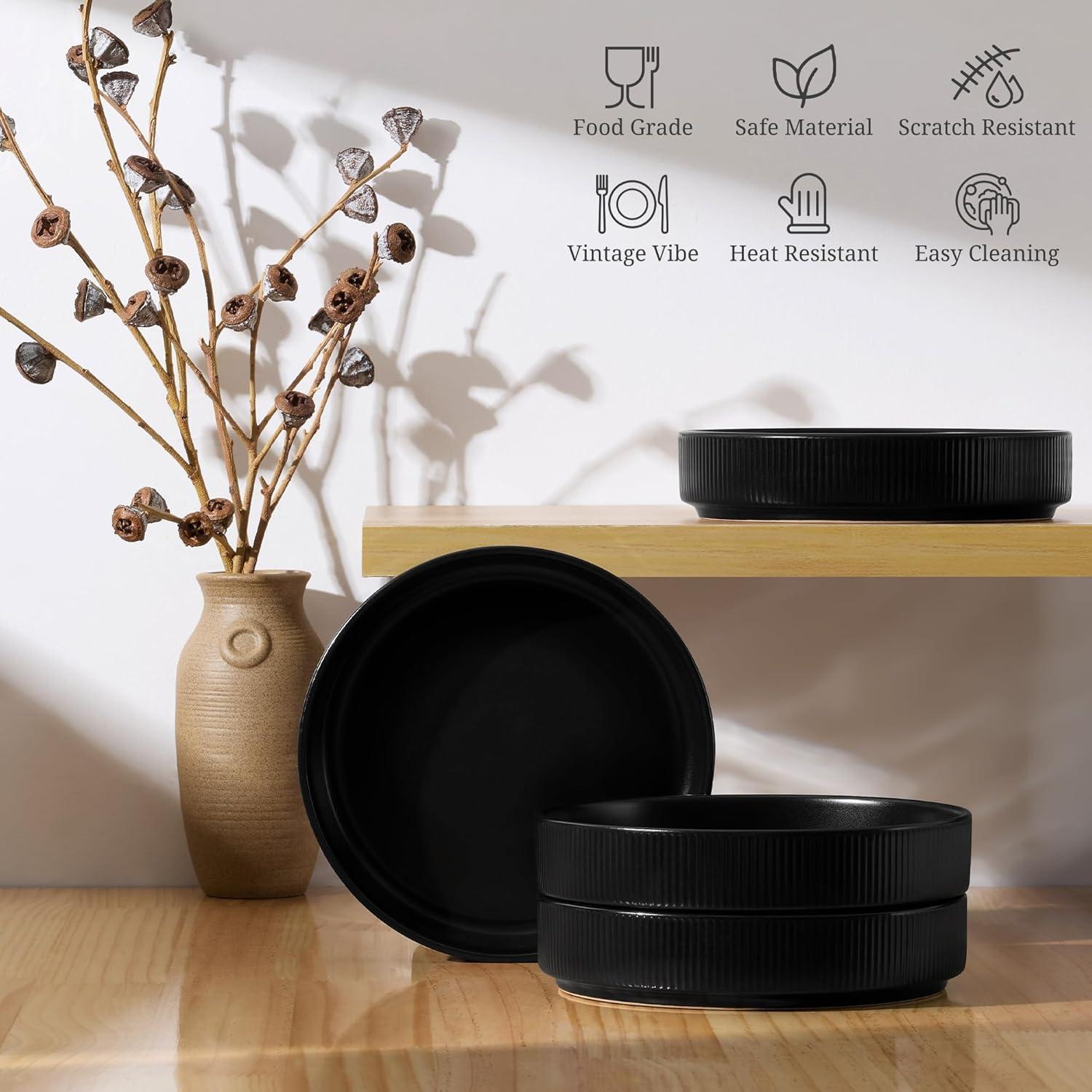 imageEfar Pasta Bowls Set of 4 35oz Large Salad Bowl Plate for Dinner Serving Soup Wide amp Shallow Ceramic Stoneware Pasta Plates Microwave amp Dishwasher Safe Reactive Glaze TextureStripe Matte BlackMatte Black