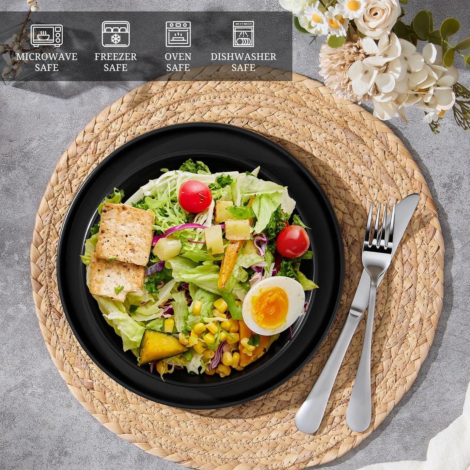 imageEfar Pasta Bowls Set of 4 35oz Large Salad Bowl Plate for Dinner Serving Soup Wide amp Shallow Ceramic Stoneware Pasta Plates Microwave amp Dishwasher Safe Reactive Glaze TextureStripe Matte BlackMatte Black
