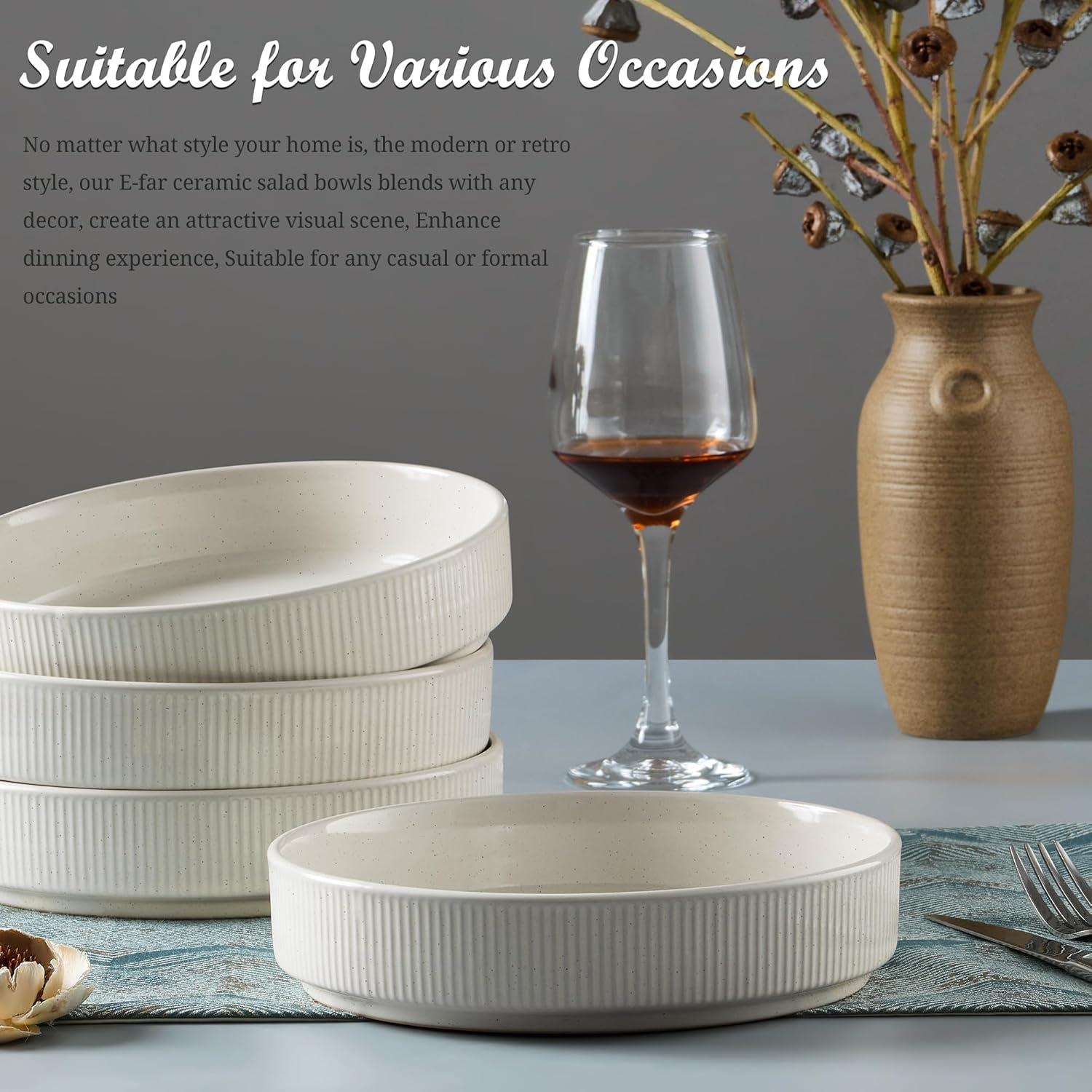 imageEfar Pasta Bowls Set of 4 35oz Large Salad Bowl Plate for Dinner Serving Wide amp Shallow Ceramic Stoneware Pasta Plates Microwave amp Dishwasher Safe Reactive Glaze Textured Stripes Dark BlueSpeckled White