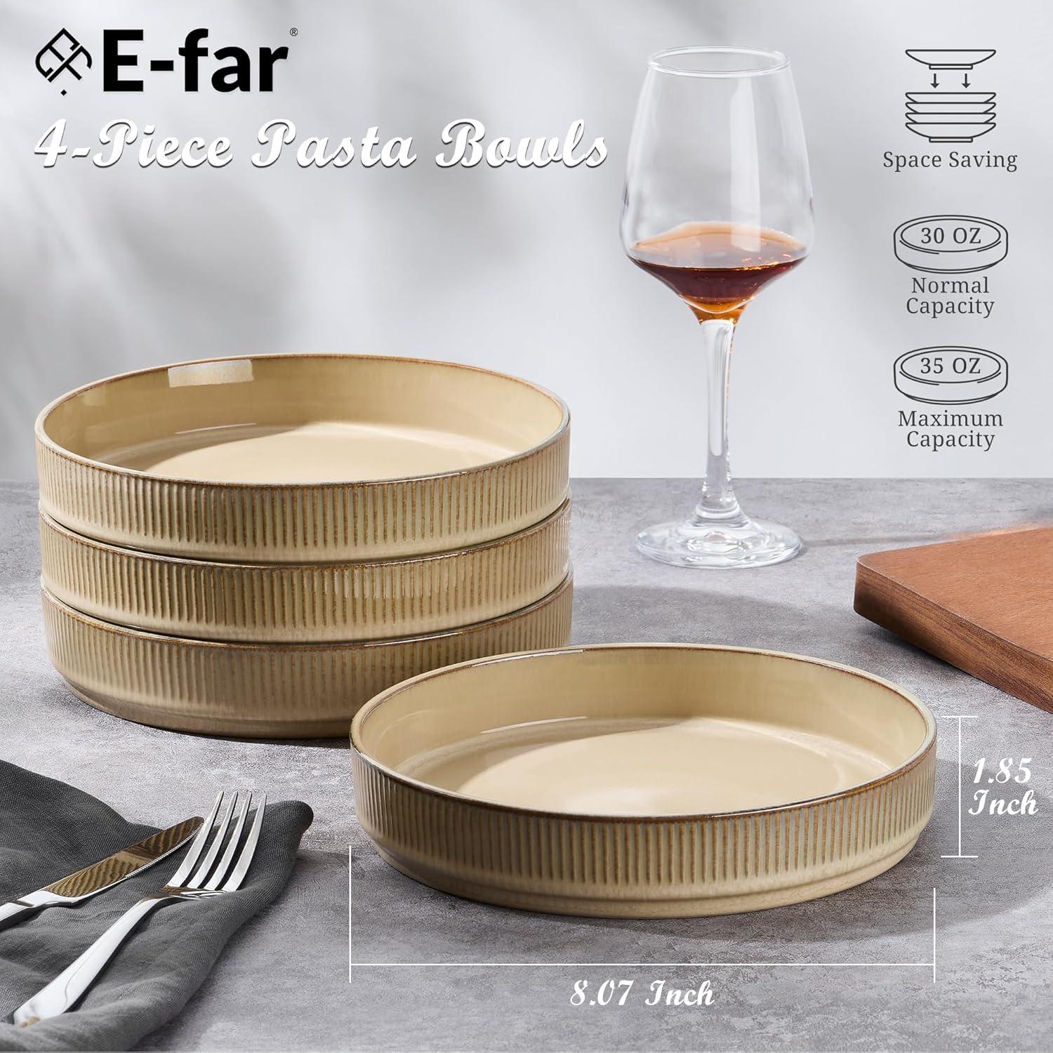 imageEfar Pasta Bowls Set of 4 35oz Large Salad Bowl Plate for Dinner Serving Wide amp Shallow Ceramic Stoneware Pasta Plates Microwave amp Dishwasher Safe Reactive Glaze Textured Stripes Dark BlueCaramel Khaki