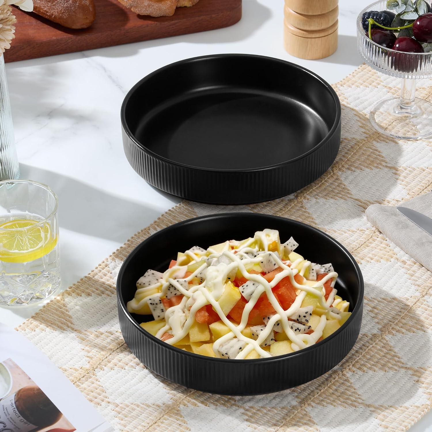 imageEfar Pasta Bowls Set of 4 35oz Large Salad Bowl Plate for Dinner Serving Wide amp Shallow Ceramic Stoneware Pasta Plates Microwave amp Dishwasher Safe Reactive Glaze Textured Stripes Dark BlueMatte Black