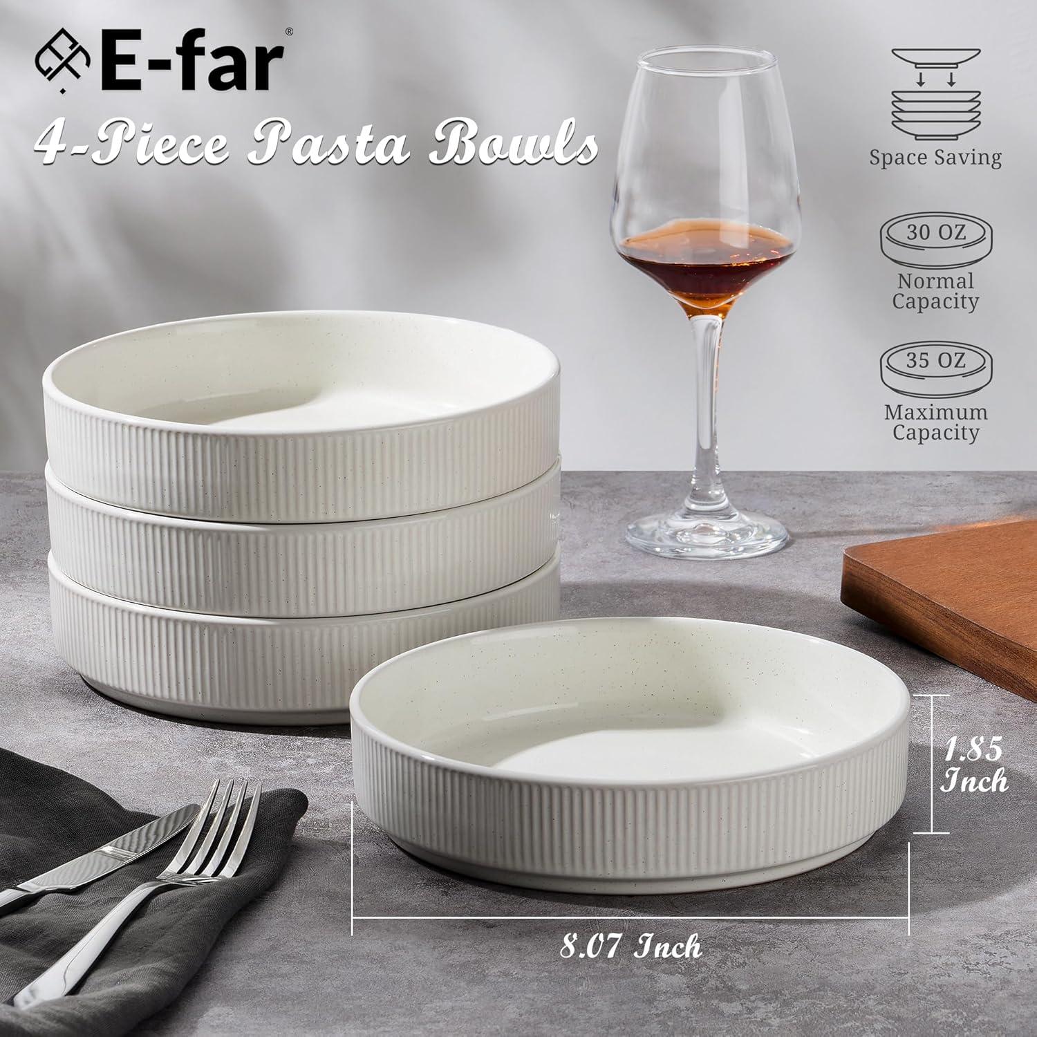 imageEfar Pasta Bowls Set of 4 35oz Large Salad Bowl Plate for Dinner Serving Wide amp Shallow Ceramic Stoneware Pasta Plates Microwave amp Dishwasher Safe Reactive Glaze Textured Stripes Dark BlueSpeckled White