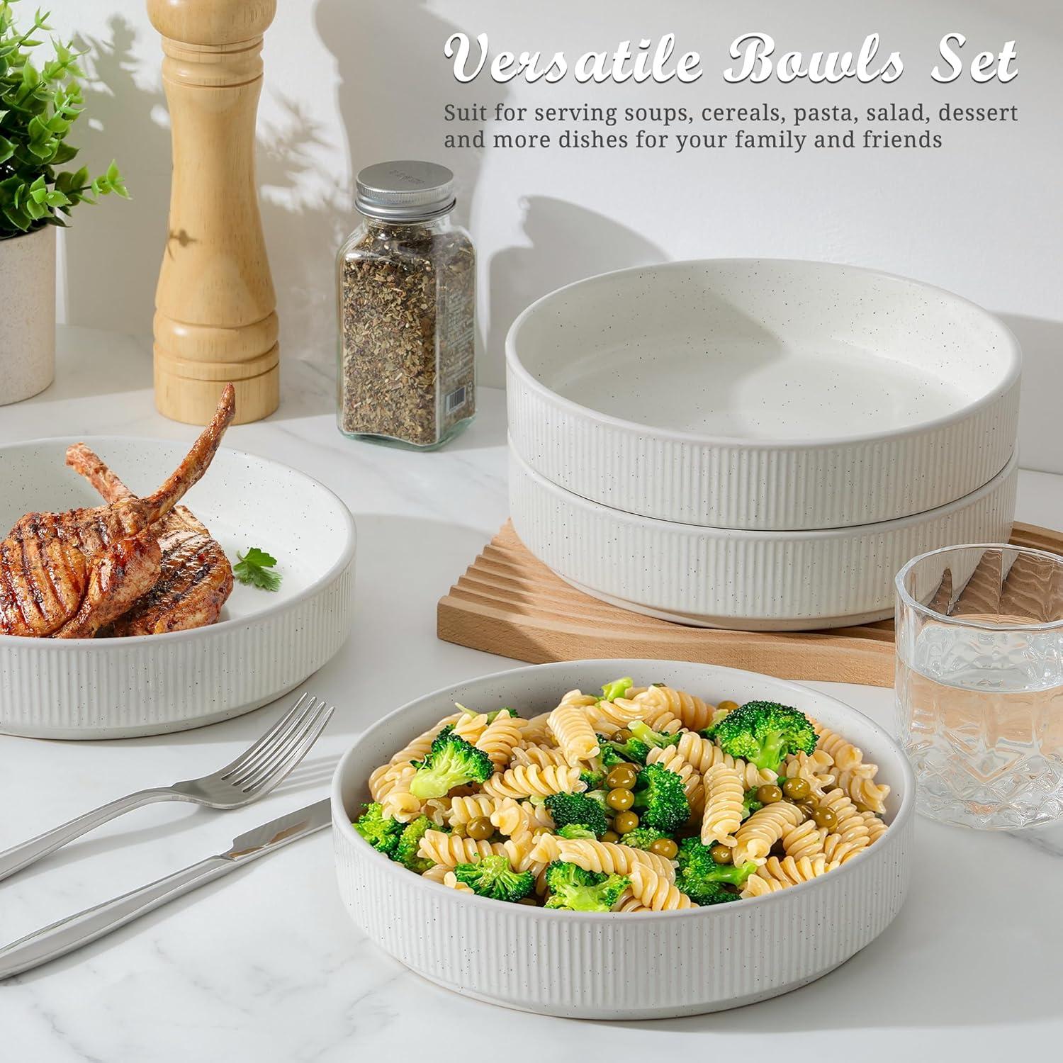 imageEfar Pasta Bowls Set of 4 35oz Large Salad Bowl Plate for Dinner Serving Wide amp Shallow Ceramic Stoneware Pasta Plates Microwave amp Dishwasher Safe Reactive Glaze Textured Stripes Dark BlueSpeckled White
