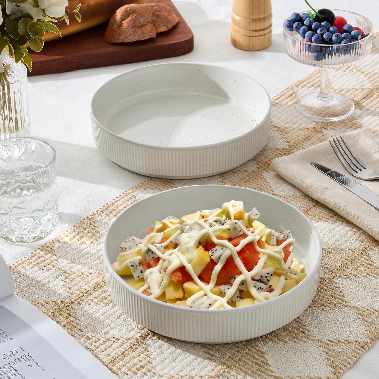 imageEfar Pasta Bowls Set of 4 35oz Large Salad Bowl Plate for Dinner Serving Wide amp Shallow Ceramic Stoneware Pasta Plates Microwave amp Dishwasher Safe Reactive Glaze Textured Stripes Dark BlueSpeckled White