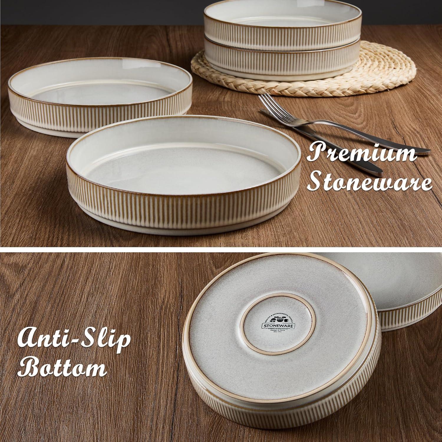 imageEfar Pasta Bowls Set of 4 35oz Large Salad Bowl Plate for Dinner Serving Wide amp Shallow Ceramic Stoneware Pasta Plates Microwave amp Dishwasher Safe Reactive Glaze Textured Stripes Dark BlueCreamy Beige