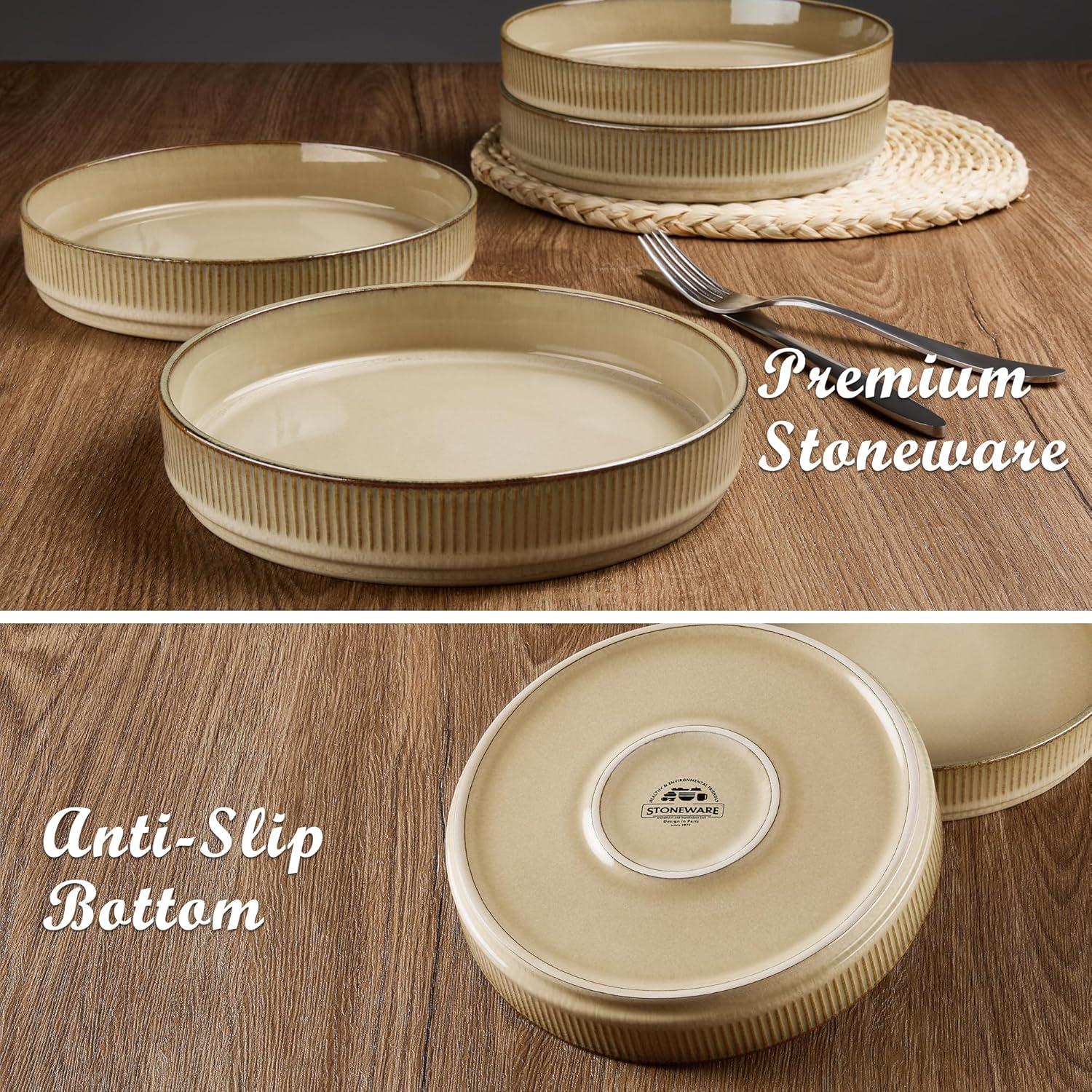 imageEfar Pasta Bowls Set of 4 35oz Large Salad Bowl Plate for Dinner Serving Wide amp Shallow Ceramic Stoneware Pasta Plates Microwave amp Dishwasher Safe Reactive Glaze Textured Stripes Dark BlueCaramel Khaki