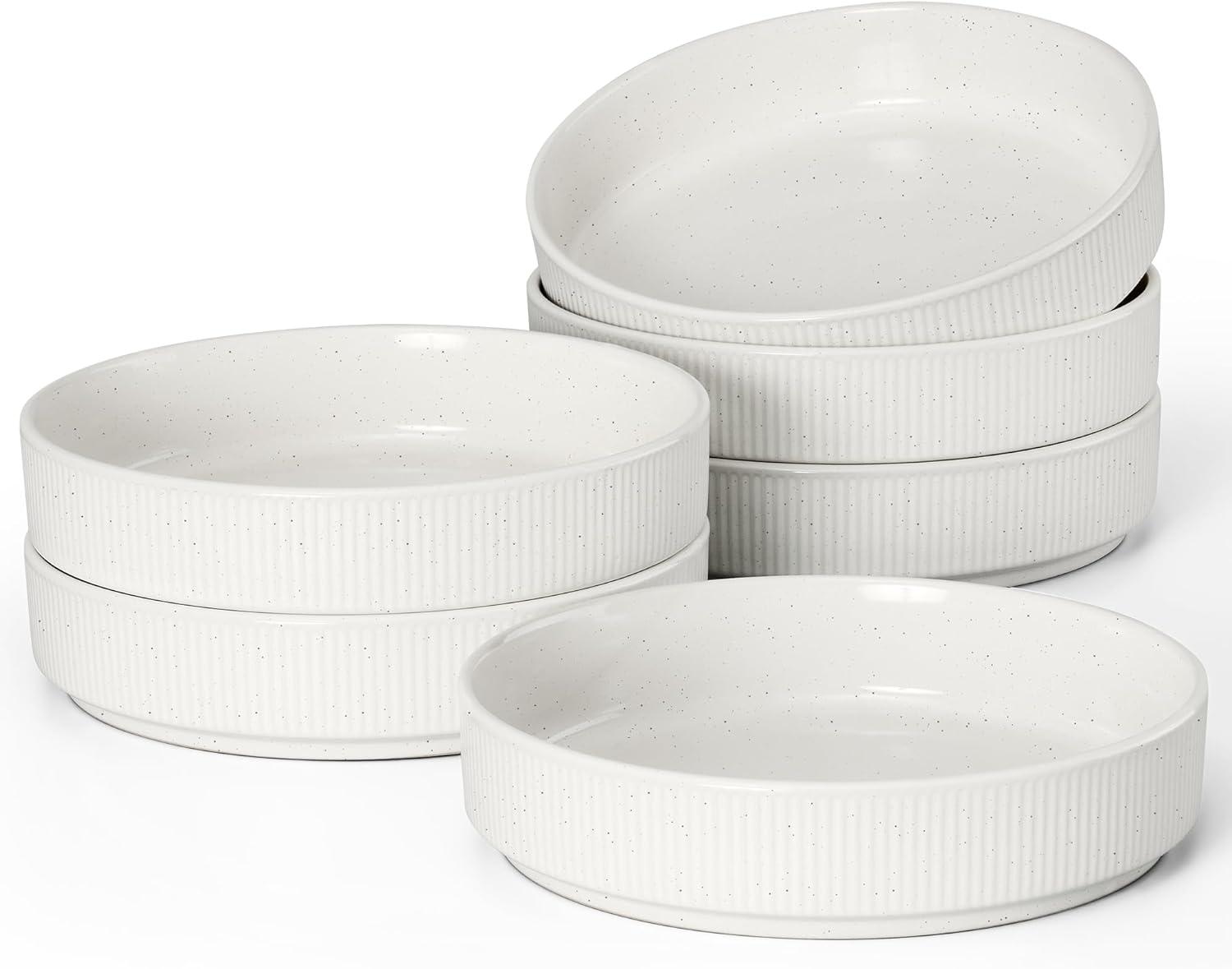 imageEfar Pasta Bowls Set of 4 35oz Large Salad Bowl Plate for Dinner Serving Wide amp Shallow Ceramic Stoneware Pasta Plates Microwave amp Dishwasher Safe Reactive Glaze Textured Stripes Dark BlueSpeckled White