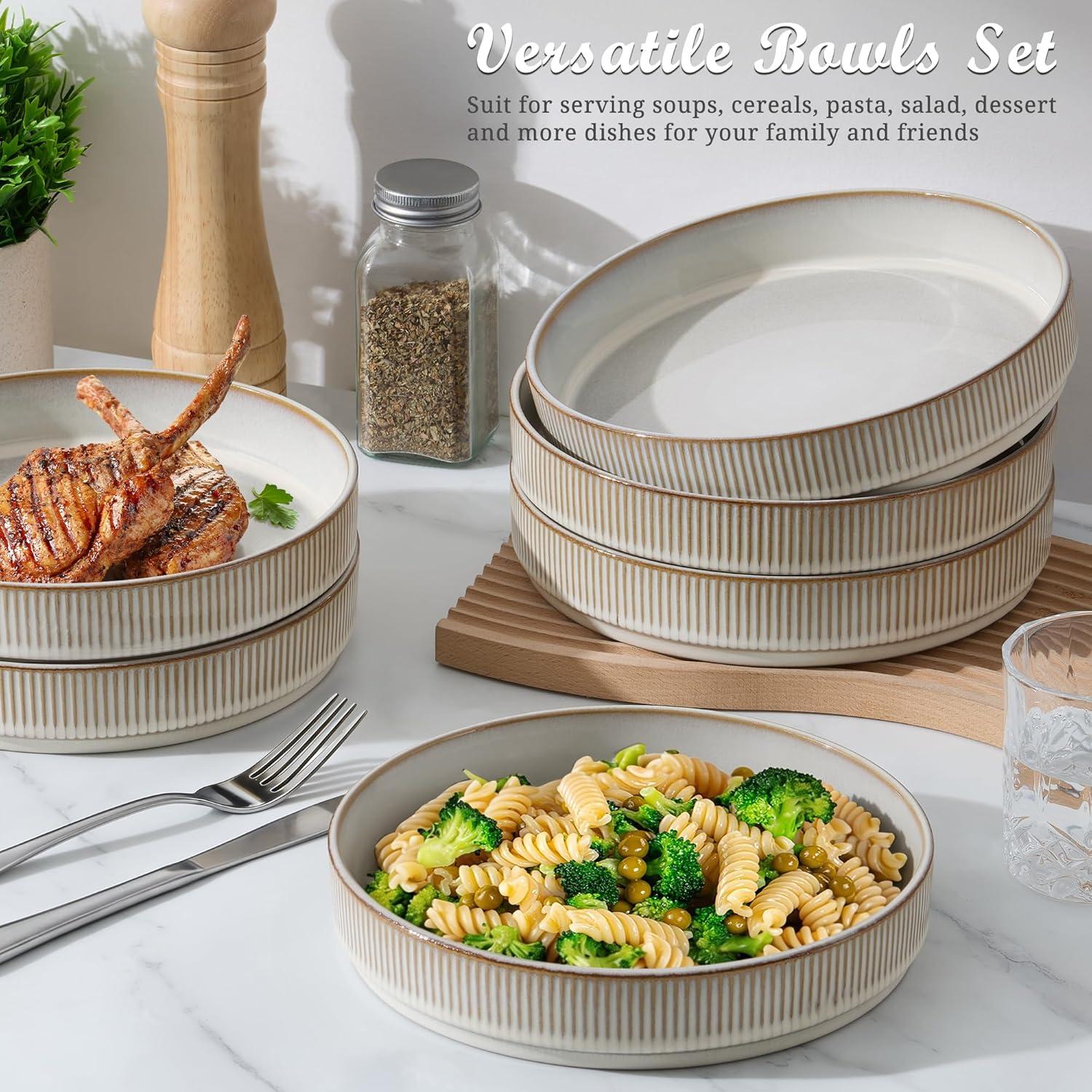 imageEfar Pasta Bowls Set of 4 35oz Large Salad Bowl Plate for Dinner Serving Wide amp Shallow Ceramic Stoneware Pasta Plates Microwave amp Dishwasher Safe Reactive Glaze Textured Stripes Dark BlueCreamy Beige