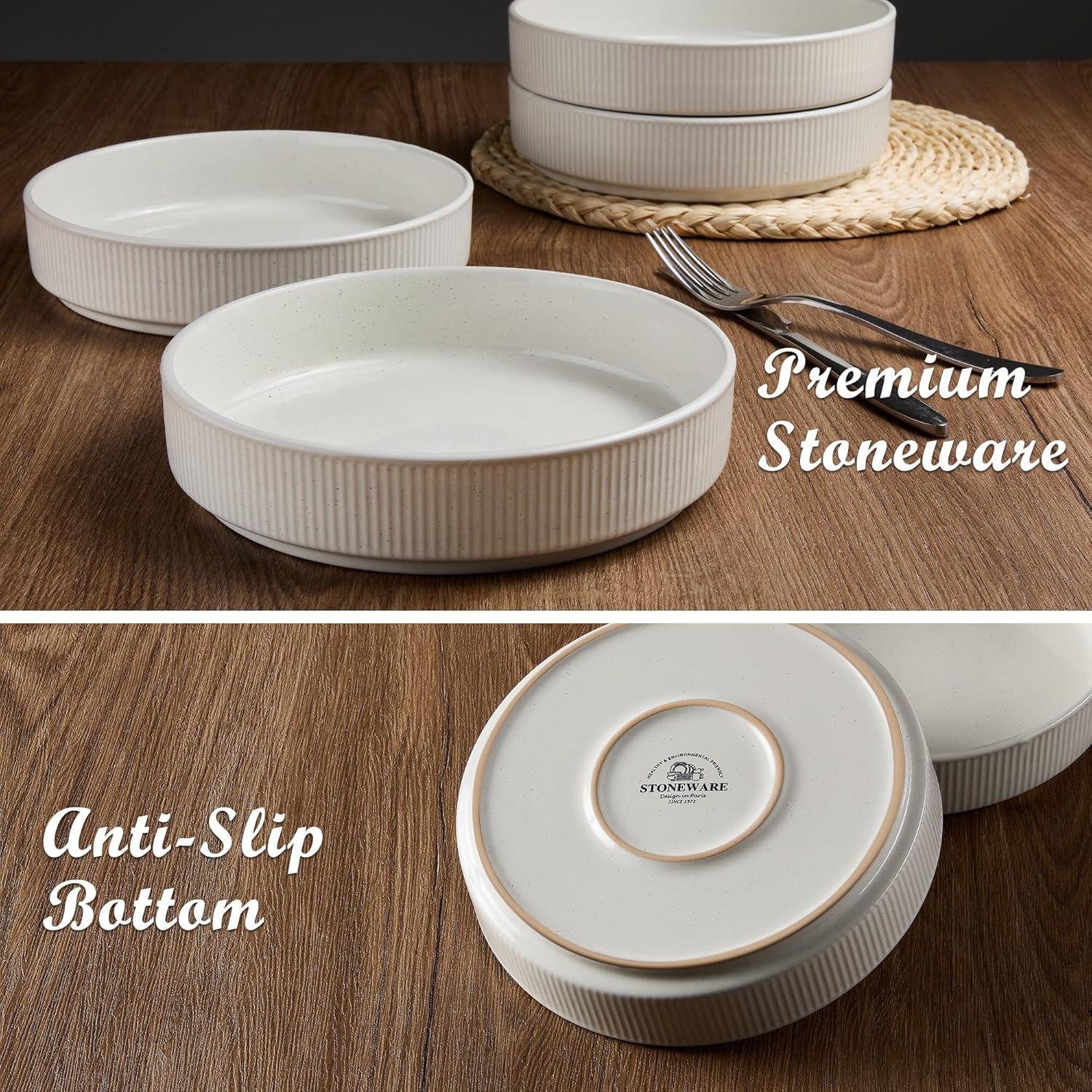 imageEfar Pasta Bowls Set of 4 35oz Large Salad Bowl Plate for Dinner Serving Wide amp Shallow Ceramic Stoneware Pasta Plates Microwave amp Dishwasher Safe Reactive Glaze Textured Stripes Dark BlueSpeckled White