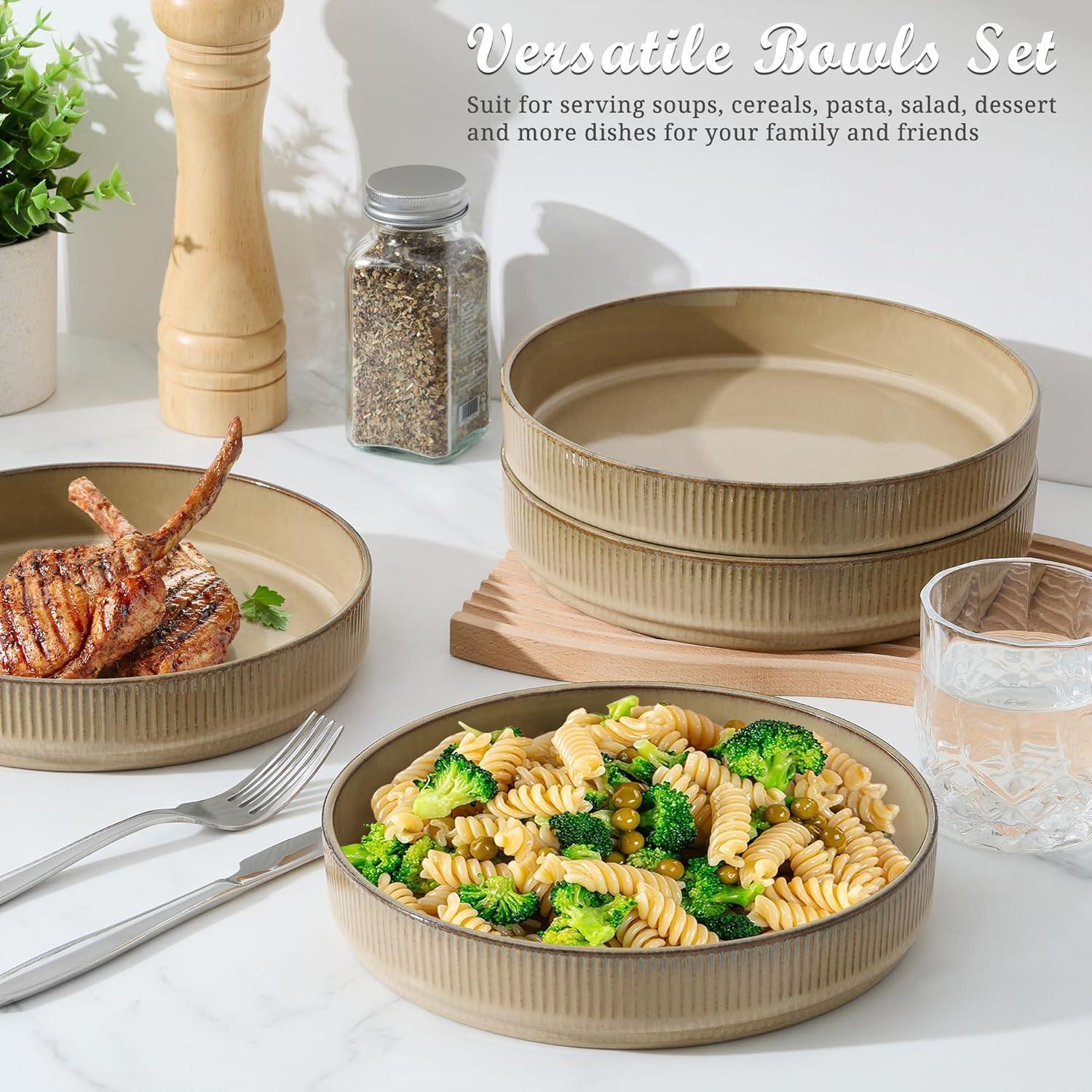 imageEfar Pasta Bowls Set of 4 35oz Large Salad Bowl Plate for Dinner Serving Wide amp Shallow Ceramic Stoneware Pasta Plates Microwave amp Dishwasher Safe Reactive Glaze Textured Stripes Dark BlueCaramel Khaki