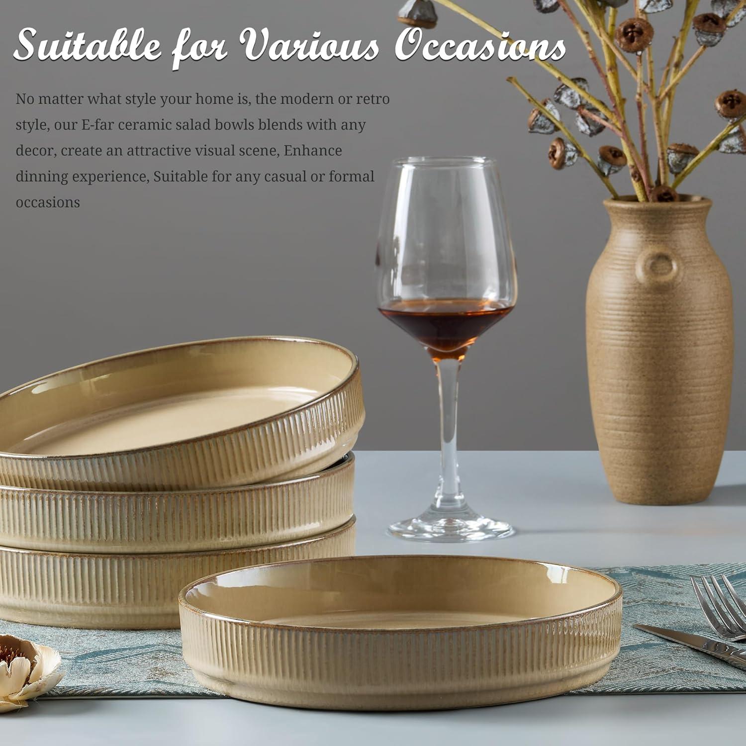 imageEfar Pasta Bowls Set of 4 35oz Large Salad Bowl Plate for Dinner Serving Wide amp Shallow Ceramic Stoneware Pasta Plates Microwave amp Dishwasher Safe Reactive Glaze Textured Stripes Dark BlueCaramel Khaki