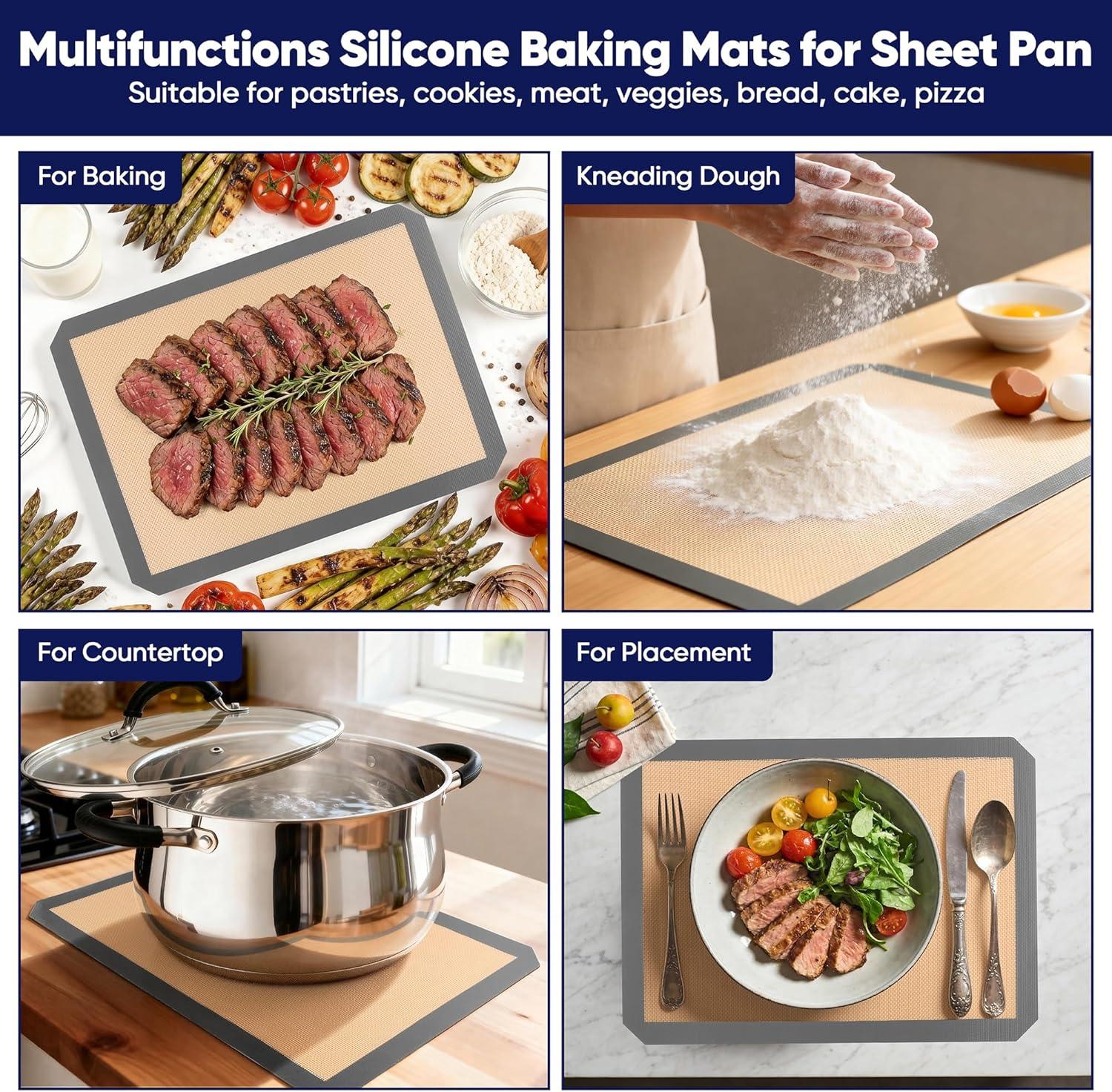 imageEfar Small Silicone Baking Mats 2Pack Nonstick Reusable Silicone Mat for Toaster Oven Pan Baking Cookie Fit 75x10 Rectangle Sheet Tray for Steak Food Grade amp HeatResistant Easy Clean Gray115x87 inch