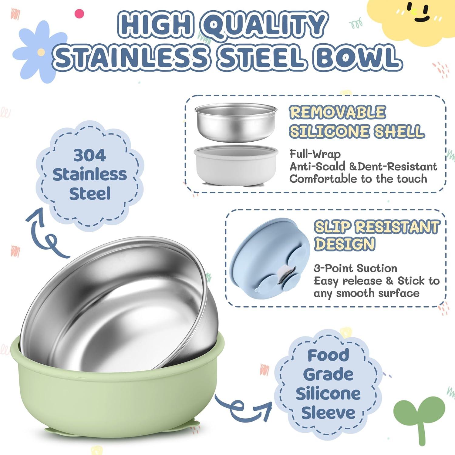 imageEfar Stainless Steel Baby Bowls with Suction 4 Pack Removable Colorful Silicone Sleeve Toddlers Kids Bowl NonToxic Snack Container for Baby Food Feeding NonSlip amp Unbreakable Dishwasher Safe