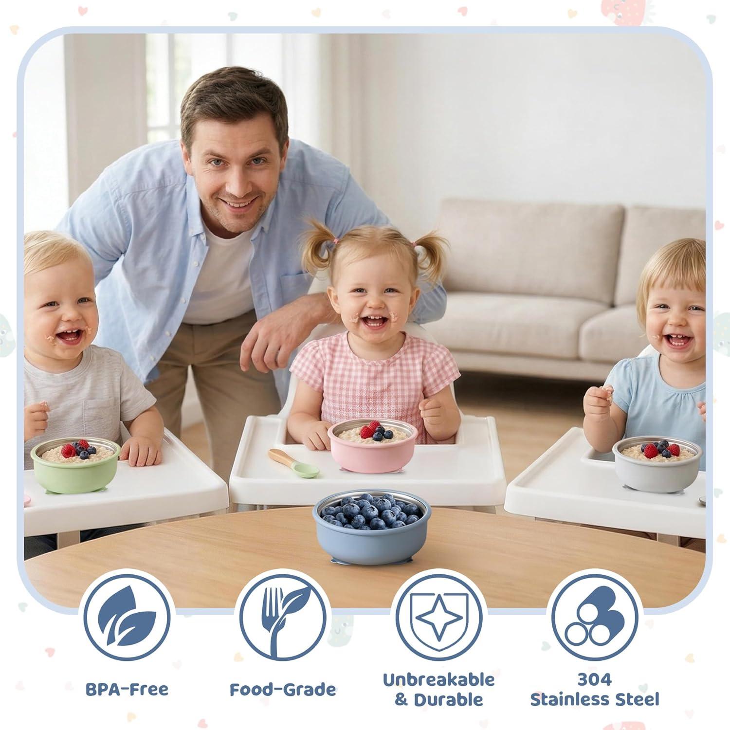 imageEfar Stainless Steel Baby Bowls with Suction 4 Pack Removable Colorful Silicone Sleeve Toddlers Kids Bowl NonToxic Snack Container for Baby Food Feeding NonSlip amp Unbreakable Dishwasher Safe
