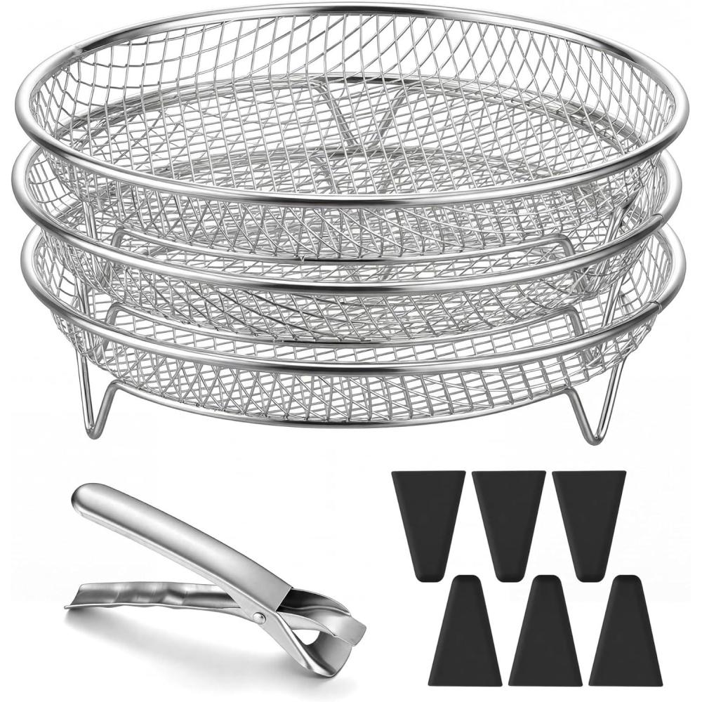 imageEfar Air Fryer Rack 79 Round Air Fryer Basket Accessories for Oven 3Tier Stackable Stainless Steel Dehydrator Rack Set for Frying Roasting With Silicon Feet amp Antiscald Clip Dishwasher Safe79 inch Round Rack