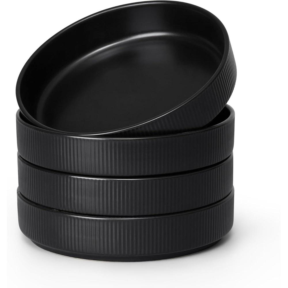 imageEfar Pasta Bowls Set of 4 35oz Large Salad Bowl Plate for Dinner Serving Soup Wide amp Shallow Ceramic Stoneware Pasta Plates Microwave amp Dishwasher Safe Reactive Glaze TextureStripe Matte BlackMatte Black