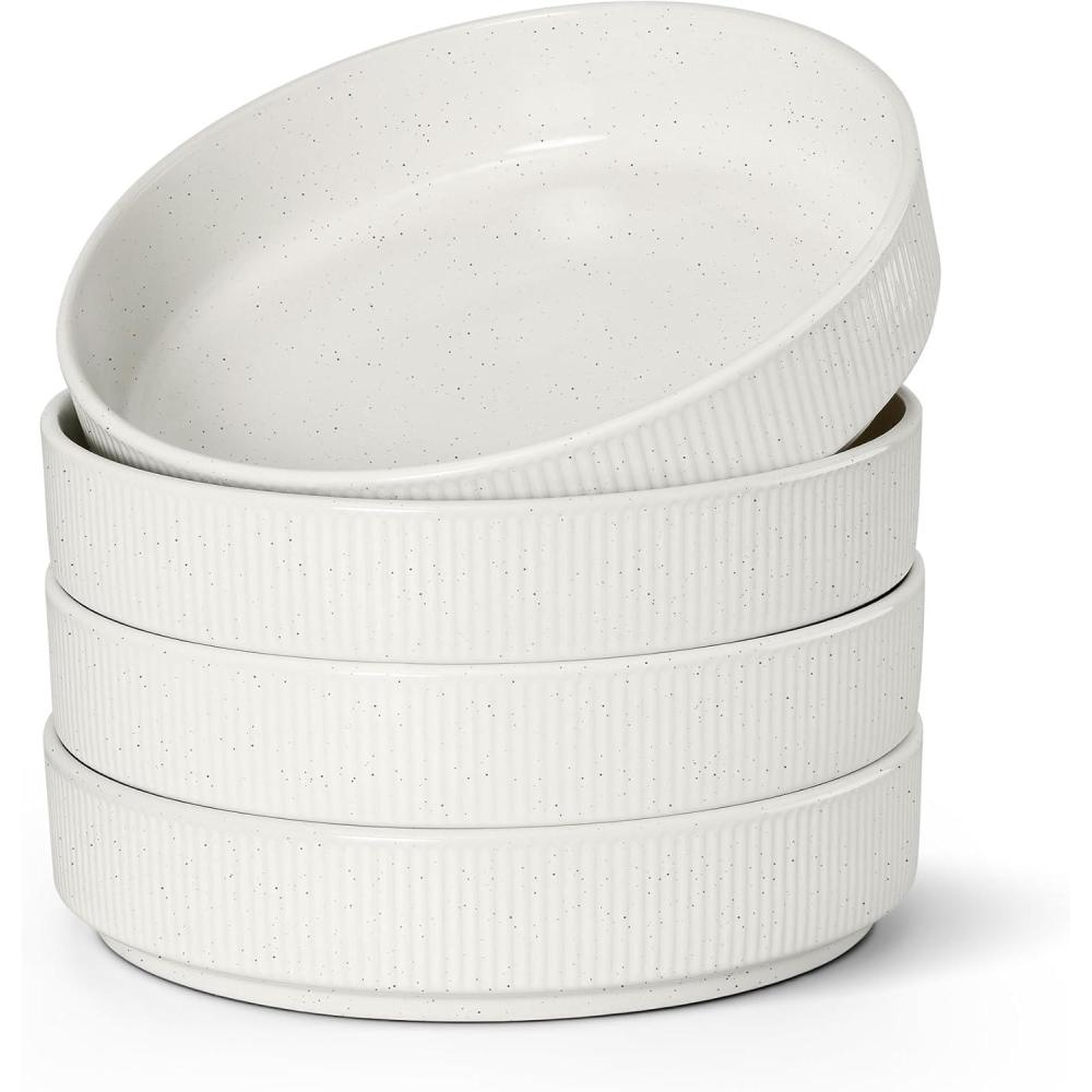 imageEfar Pasta Bowls Set of 4 35oz Large Salad Bowl Plate for Dinner Serving Wide amp Shallow Ceramic Stoneware Pasta Plates Microwave amp Dishwasher Safe Reactive Glaze Textured Stripes Dark BlueSpeckled White