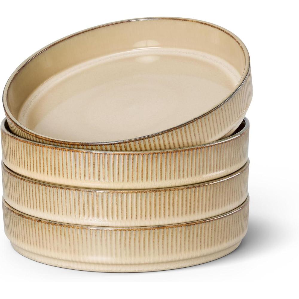 imageEfar Pasta Bowls Set of 4 35oz Large Salad Bowl Plate for Dinner Serving Wide amp Shallow Ceramic Stoneware Pasta Plates Microwave amp Dishwasher Safe Reactive Glaze Textured Stripes Dark BlueCaramel Khaki