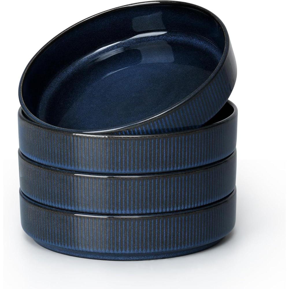 imageEfar Pasta Bowls Set of 4 35oz Large Salad Bowl Plate for Dinner Serving Wide amp Shallow Ceramic Stoneware Pasta Plates Microwave amp Dishwasher Safe Reactive Glaze Textured Stripes Dark BlueStarry Blue