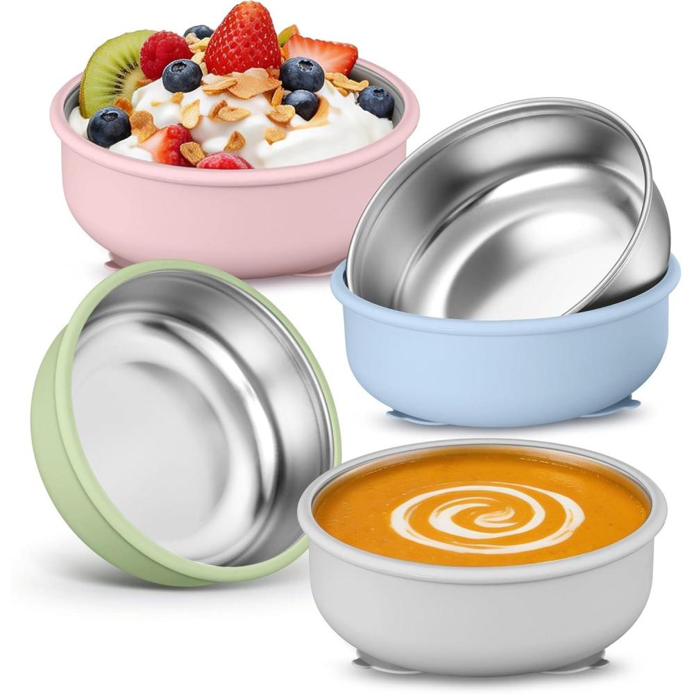 imageEfar Stainless Steel Baby Bowls with Suction 4 Pack Removable Colorful Silicone Sleeve Toddlers Kids Bowl NonToxic Snack Container for Baby Food Feeding NonSlip amp Unbreakable Dishwasher Safe