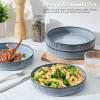 E-far Pasta Bowls Set of 4, 35oz Large Salad Bowl Plate for Dinner Serving, Wide & Shallow Ceramic Stoneware Pasta Plates, Microwave & Dishwasher Safe, Reactive Glaze Textured Stripes, Dark Blue(Dusty Blue)